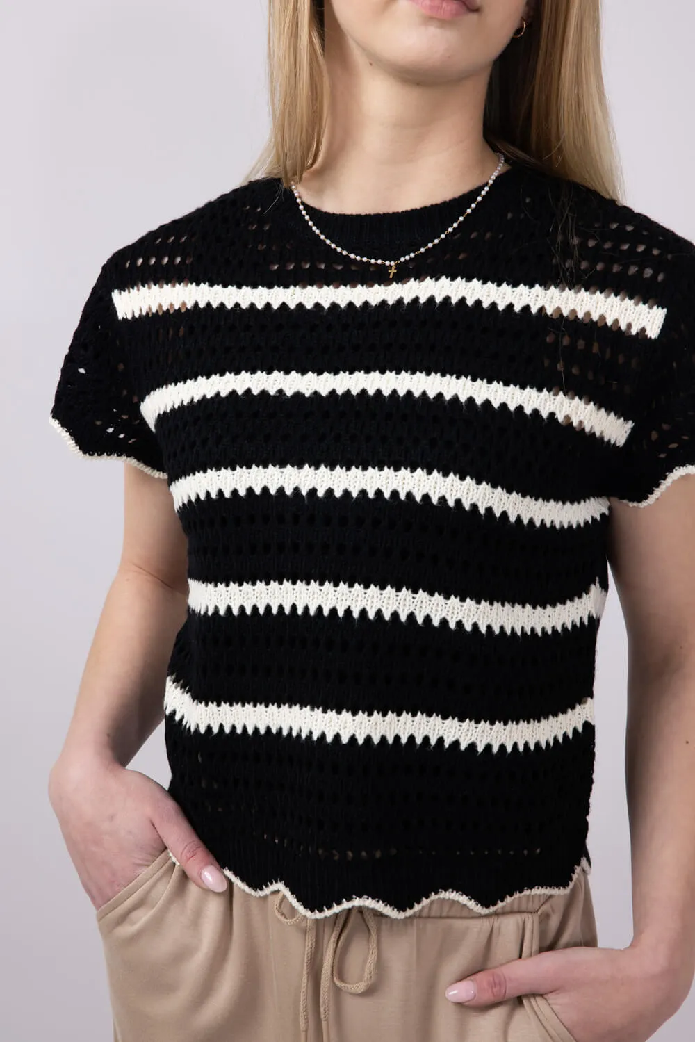 La Miel Scalloped Edge Striped Crochet Knit Sweater Top for Women in Black/Cream | MDS3603-OREO