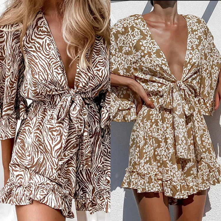 Lace Ruffle Deep V Romper