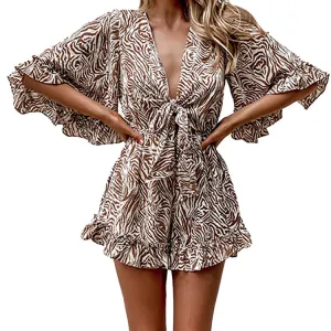 Lace Ruffle Deep V Romper
