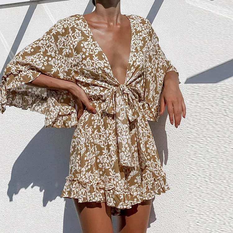 Lace Ruffle Deep V Romper
