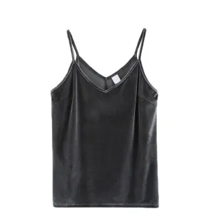 Ladies Tops Spaghetti Strap Camisole Women Vest Grey Velvet Basic Hollow Back Cami Top