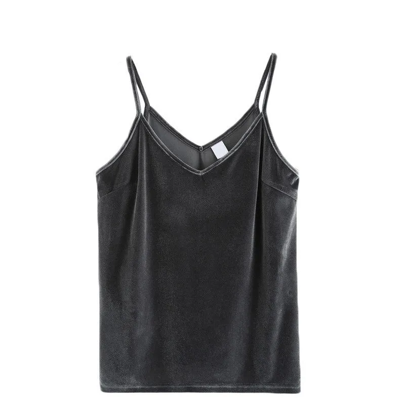 Ladies Tops Spaghetti Strap Camisole Women Vest Grey Velvet Basic Hollow Back Cami Top