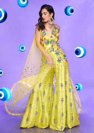 Lime Embellished Jumpsuit With Cape