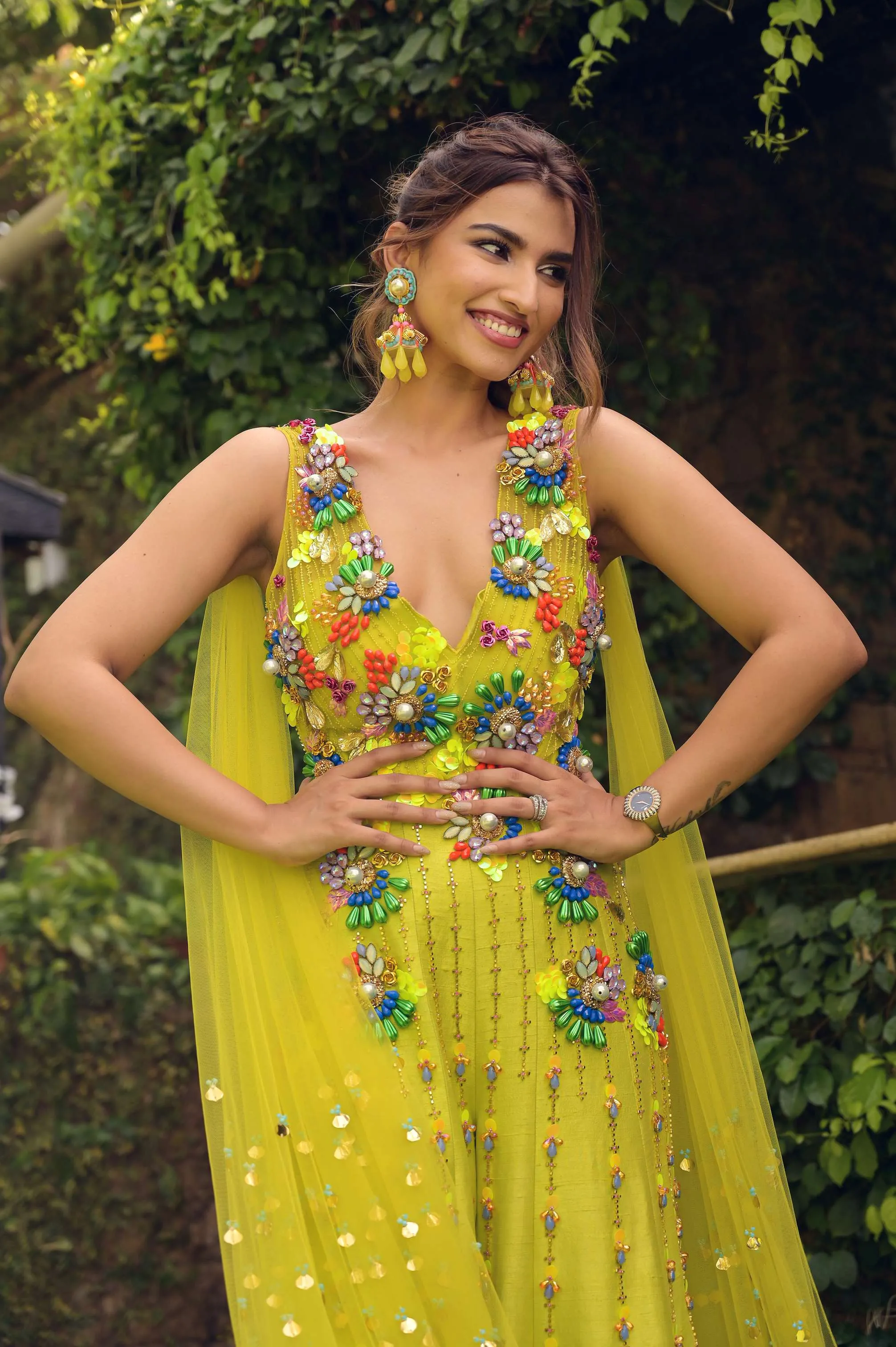 Lime Embellished Jumpsuit With Cape
