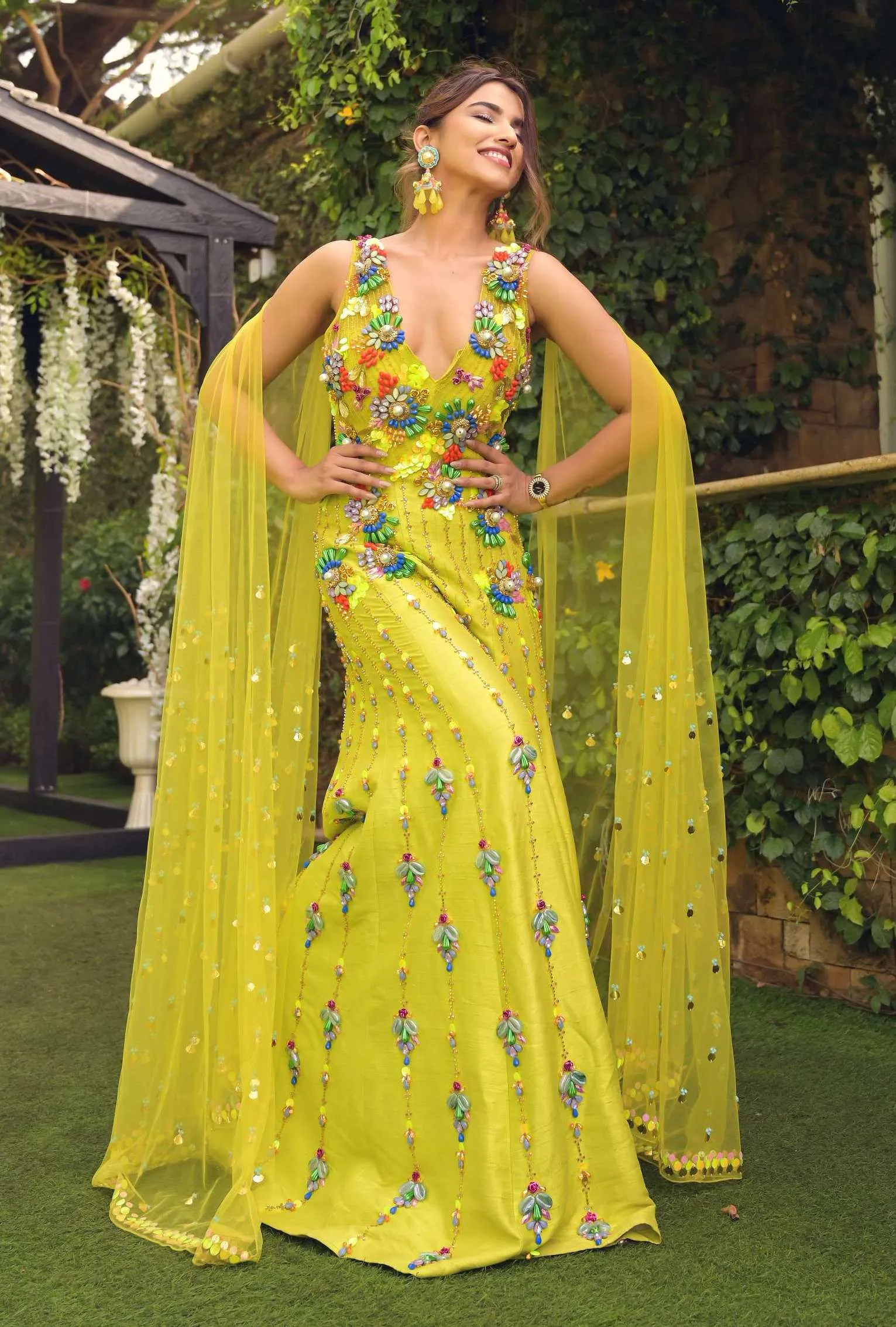 Lime Embellished Jumpsuit With Cape