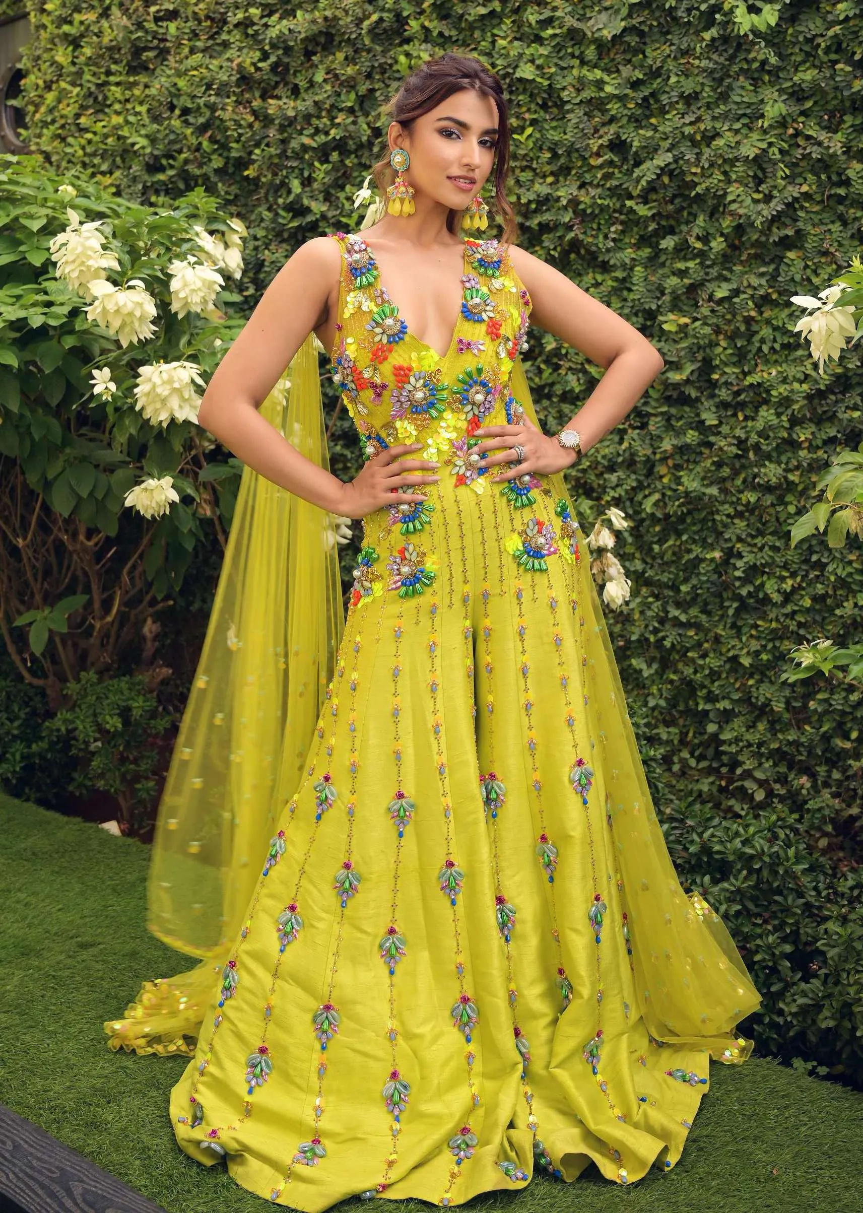 Lime Embellished Jumpsuit With Cape