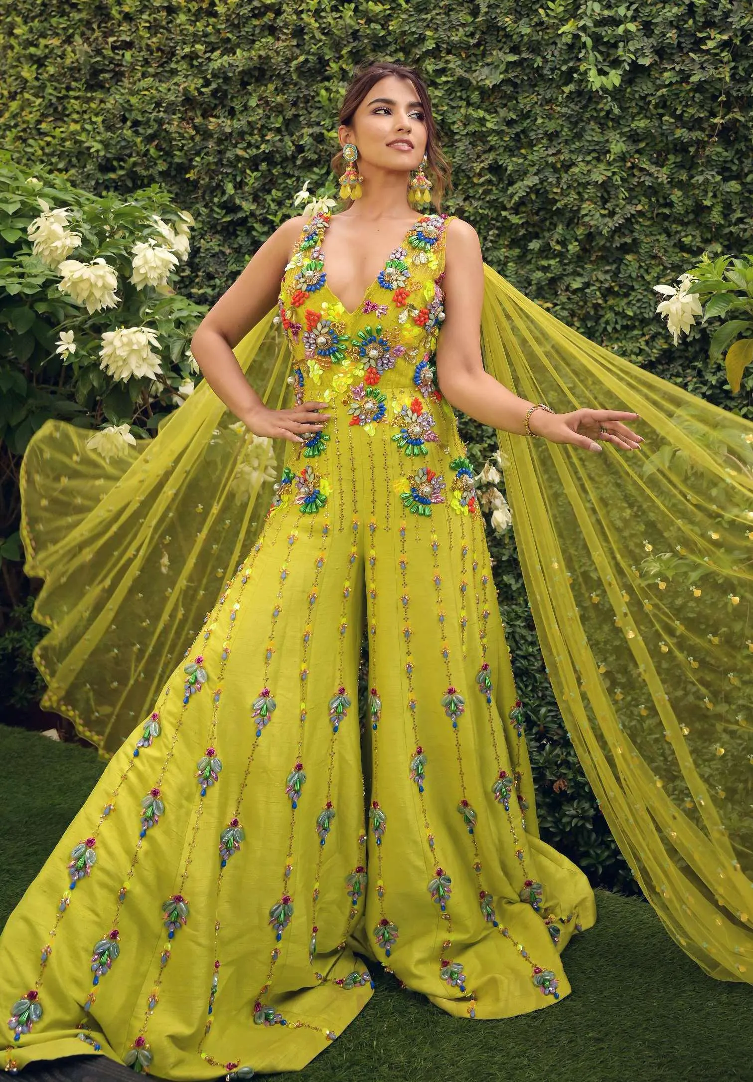 Lime Embellished Jumpsuit With Cape