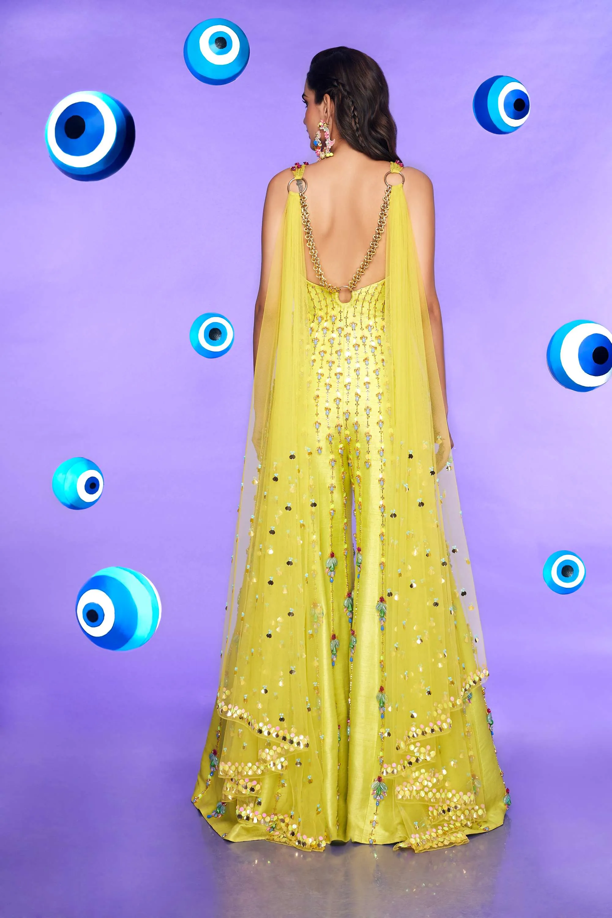 Lime Embellished Jumpsuit With Cape