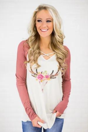 Long Sleeve Criss Cross Floral Skull Top