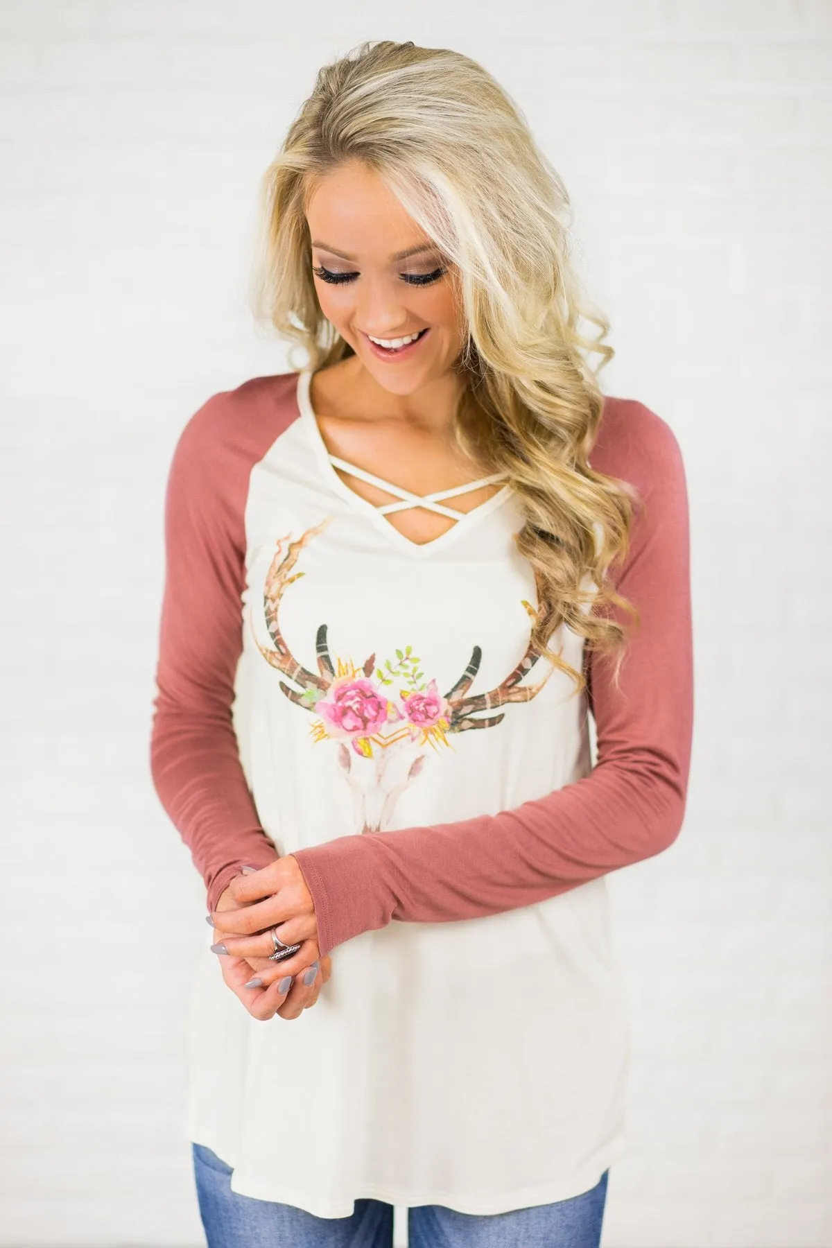 Long Sleeve Criss Cross Floral Skull Top