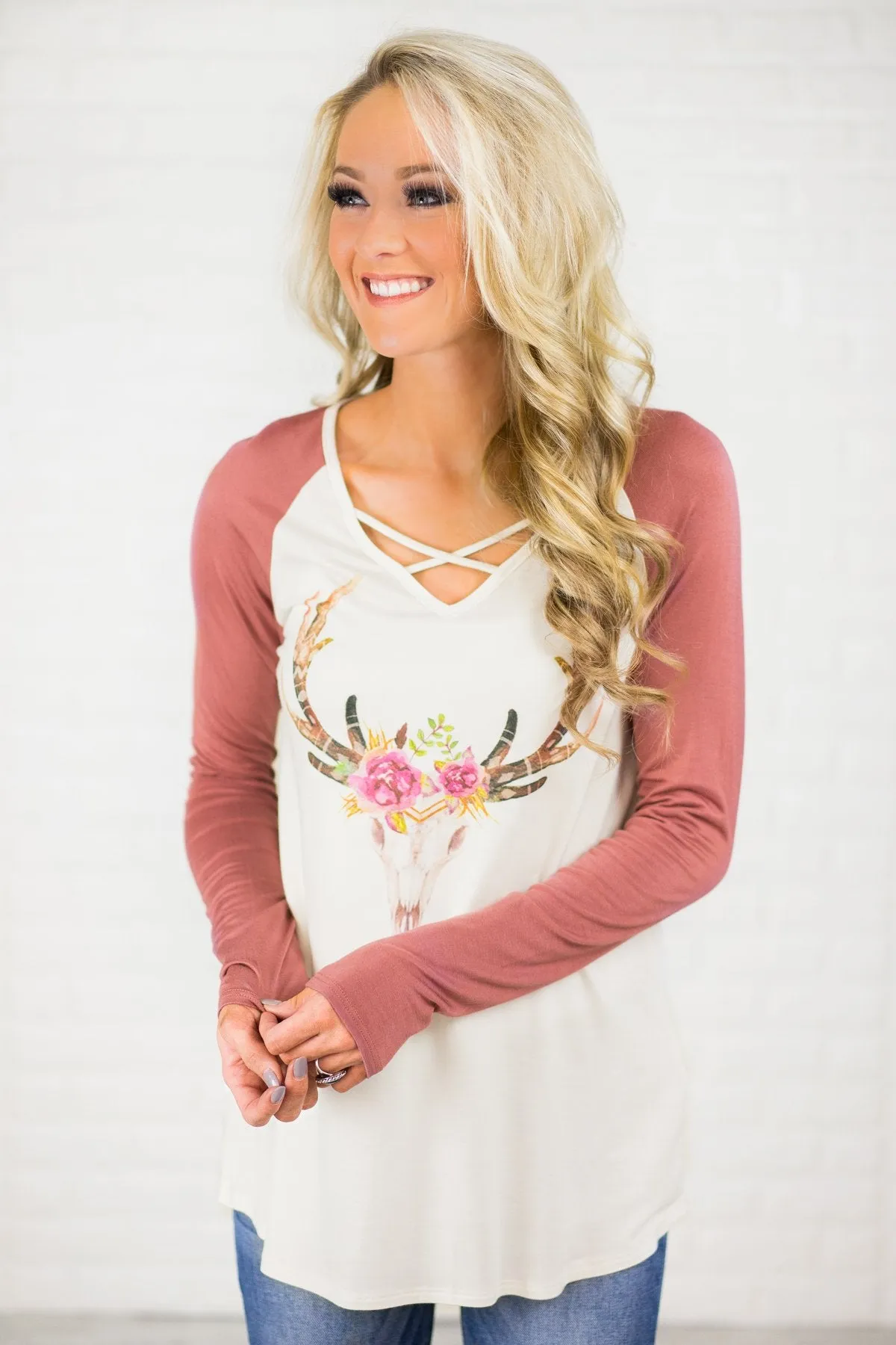 Long Sleeve Criss Cross Floral Skull Top