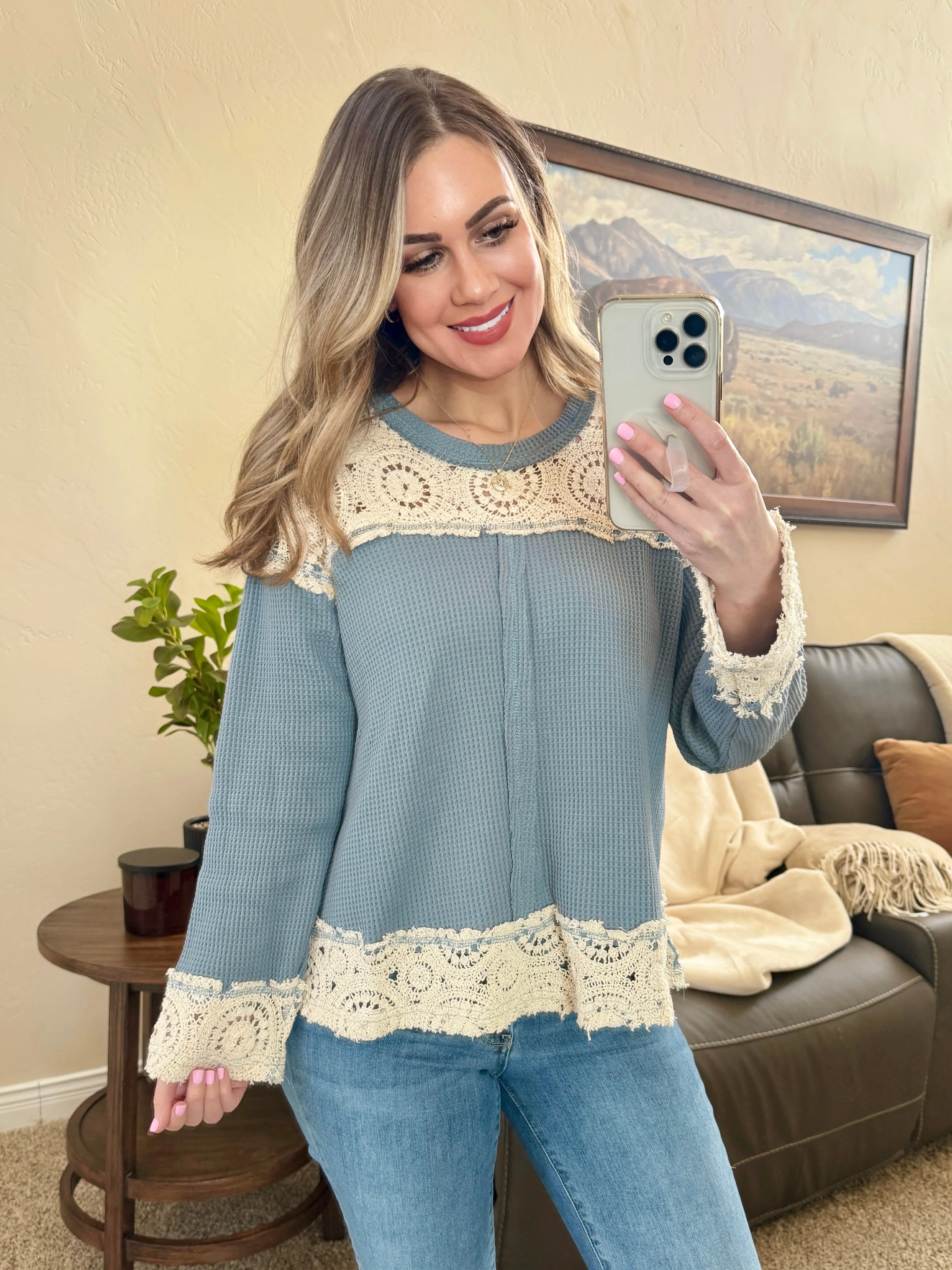 Long Sleeve Shirt with Crochet Contrast in Slate Blue