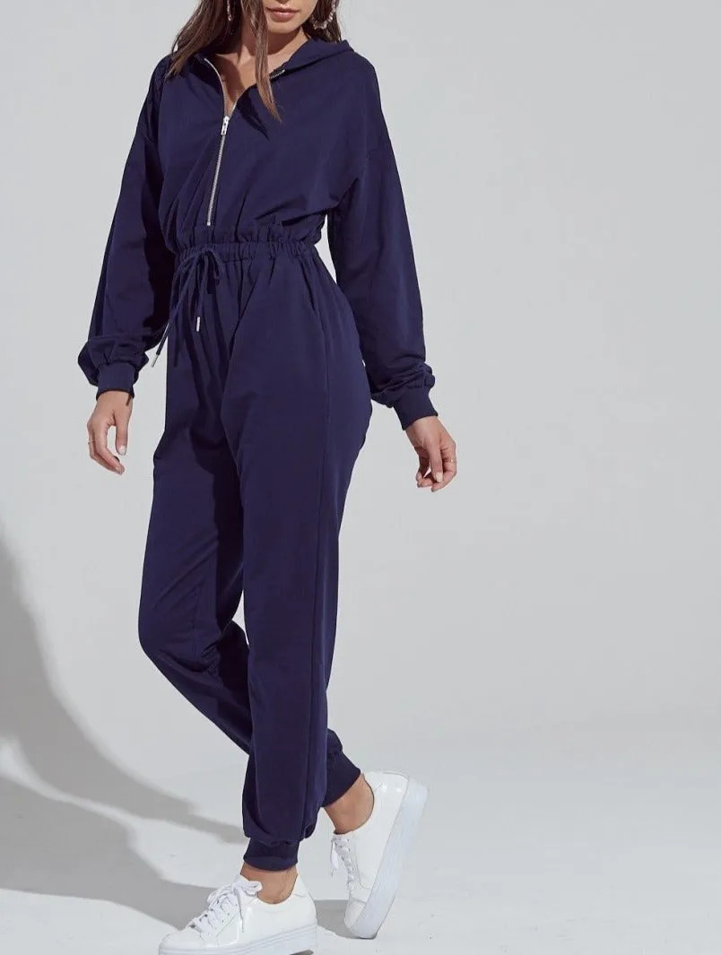 Long Sleeve Zipper Hoodie Drawstring Jumpsuit