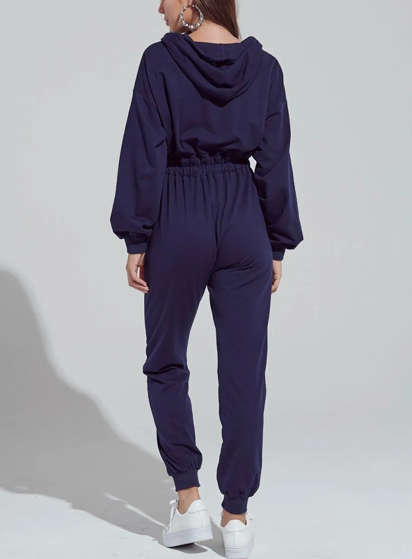 Long Sleeve Zipper Hoodie Drawstring Jumpsuit