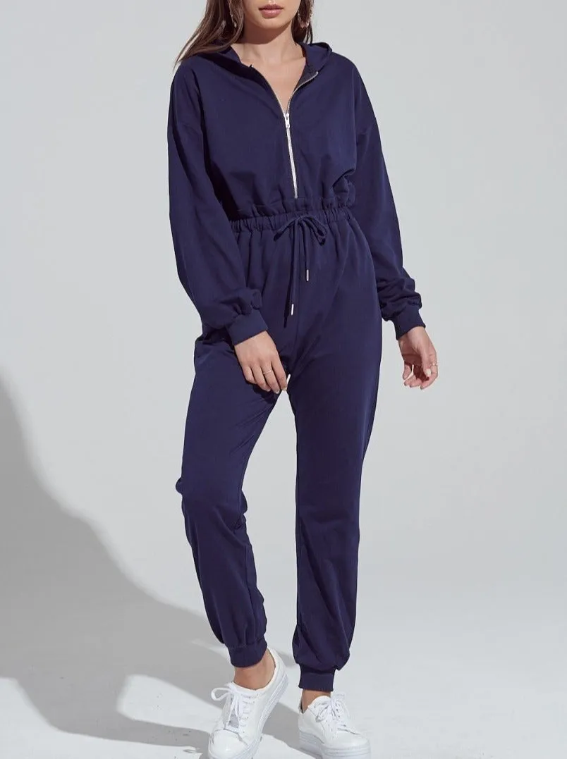 Long Sleeve Zipper Hoodie Drawstring Jumpsuit