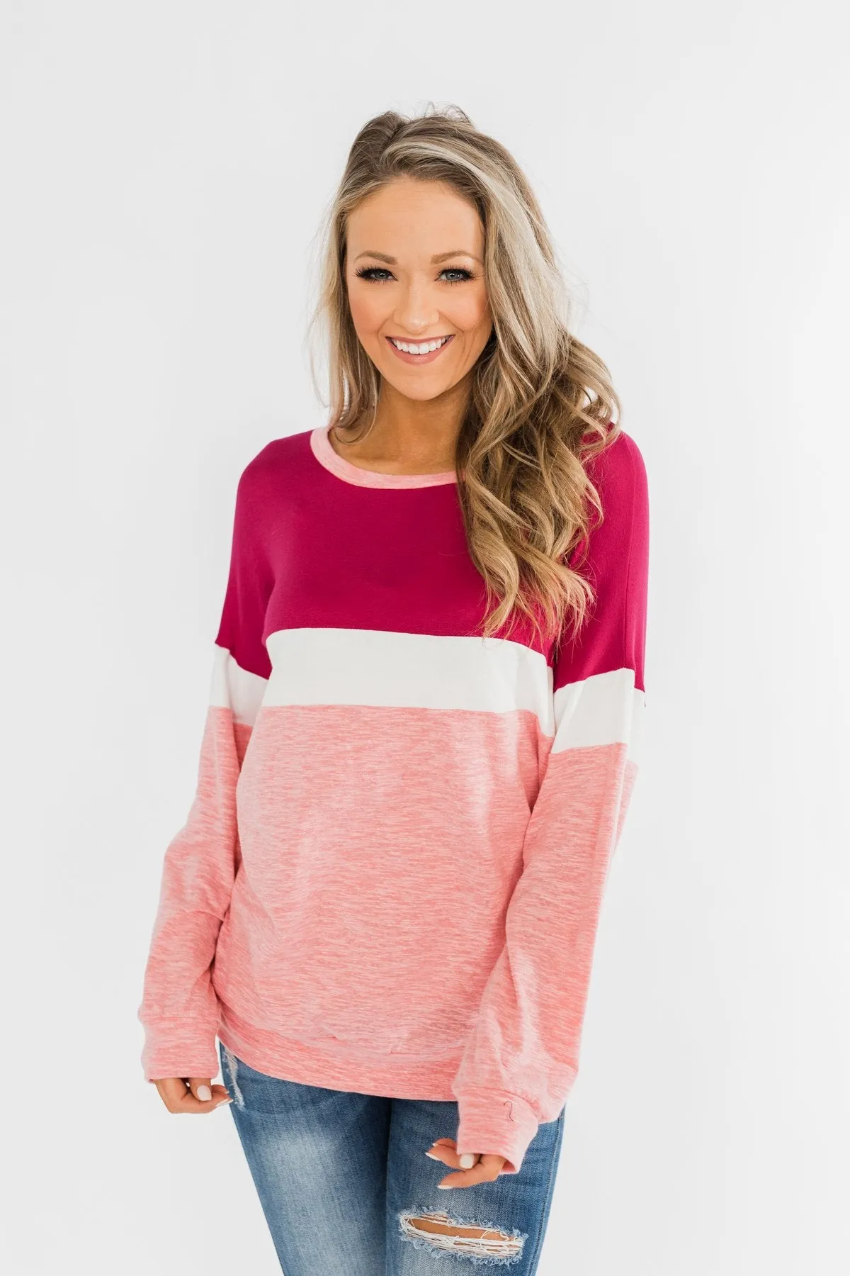 Love All Around Color Block Top- Magenta, Pink, & Ivory