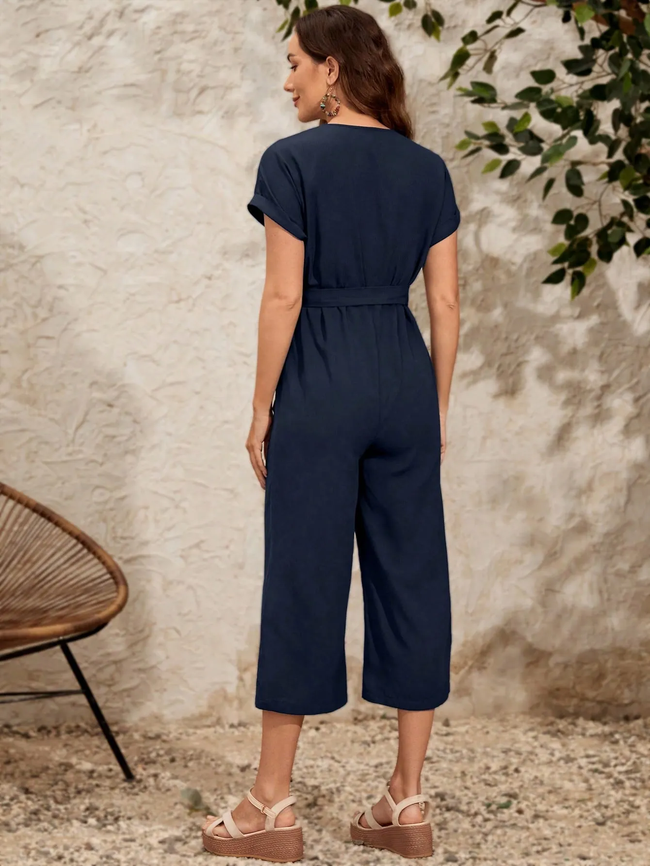 LUNE Button Front Belted Jumpsuit