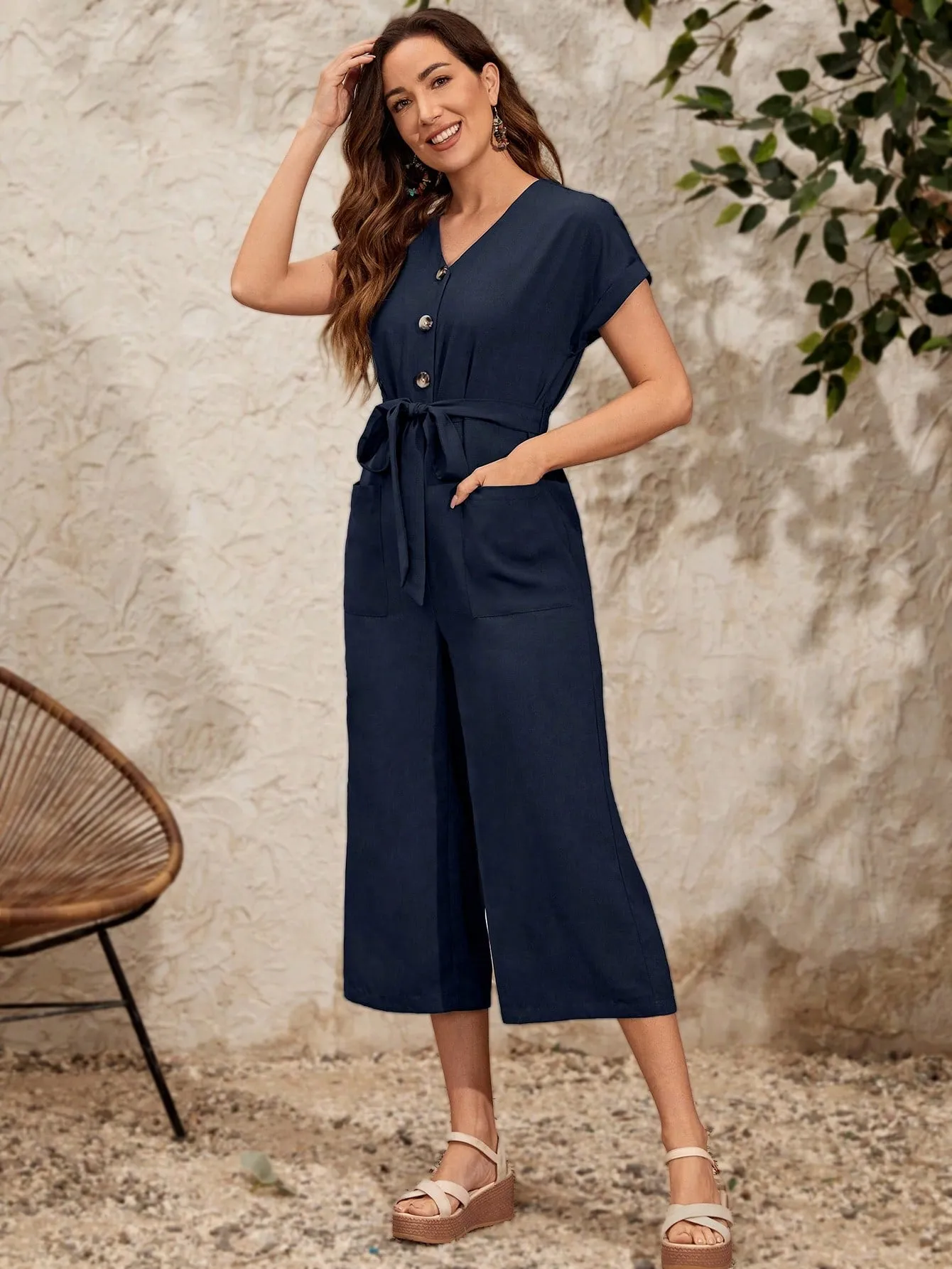 LUNE Button Front Belted Jumpsuit
