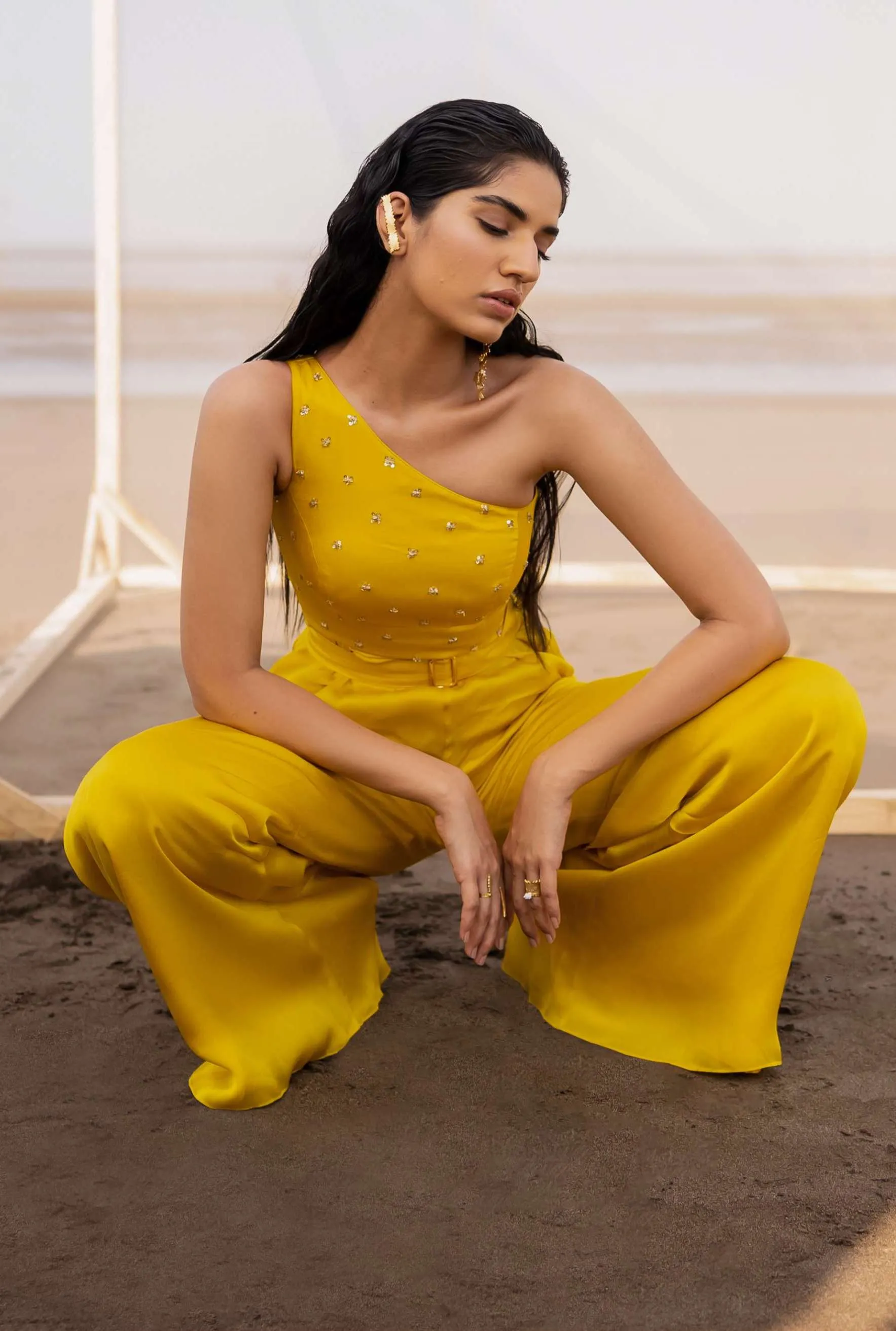Mango Yellow One Shoulder Jumpsuit