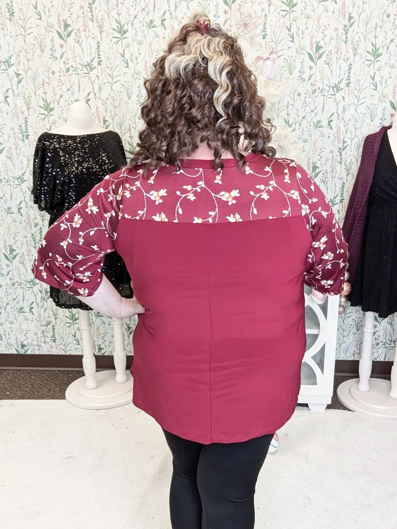 Marissa 3/4 Sleeve Tunic w/Floral Top Accent in Burgundy