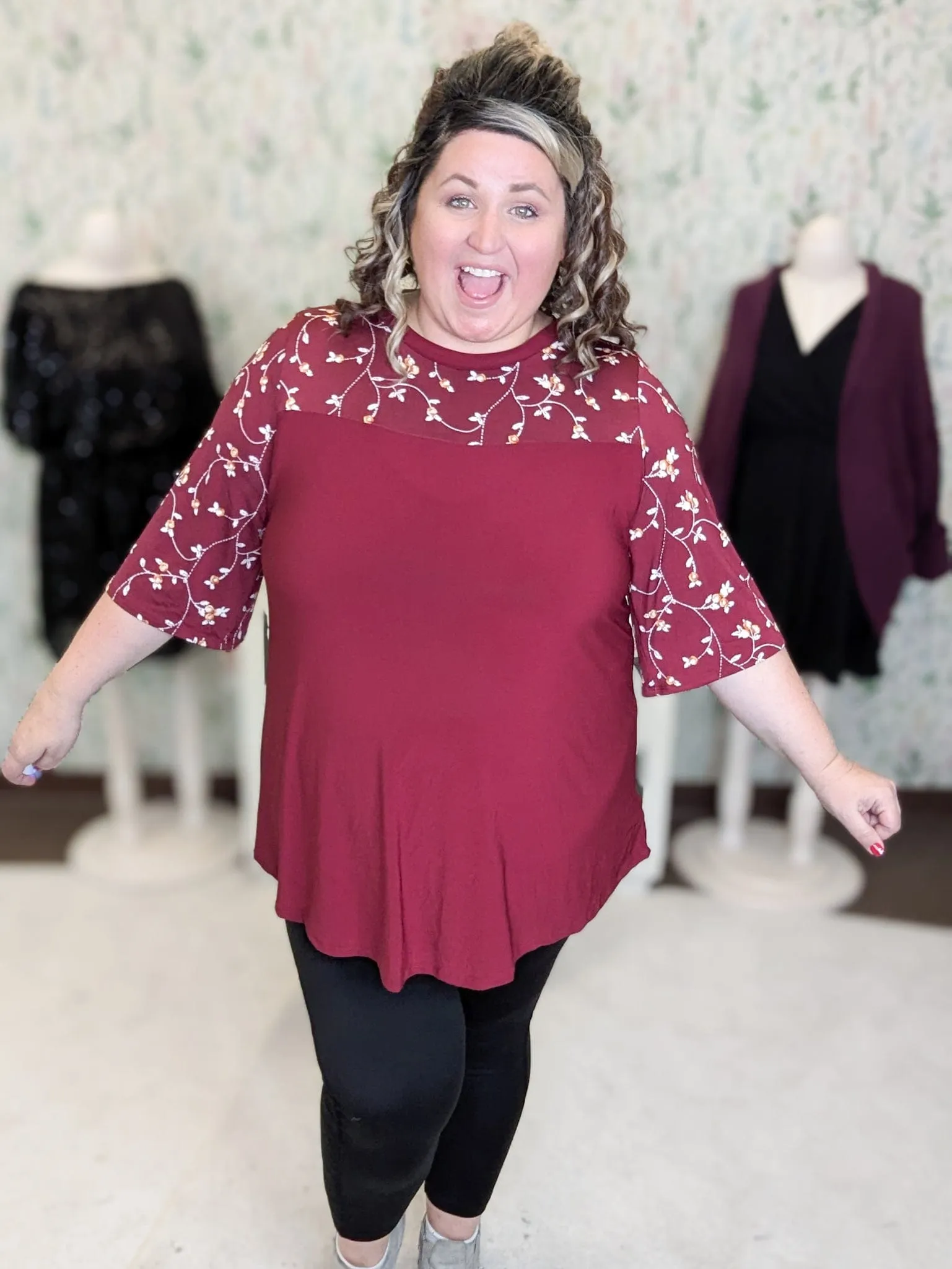 Marissa 3/4 Sleeve Tunic w/Floral Top Accent in Burgundy