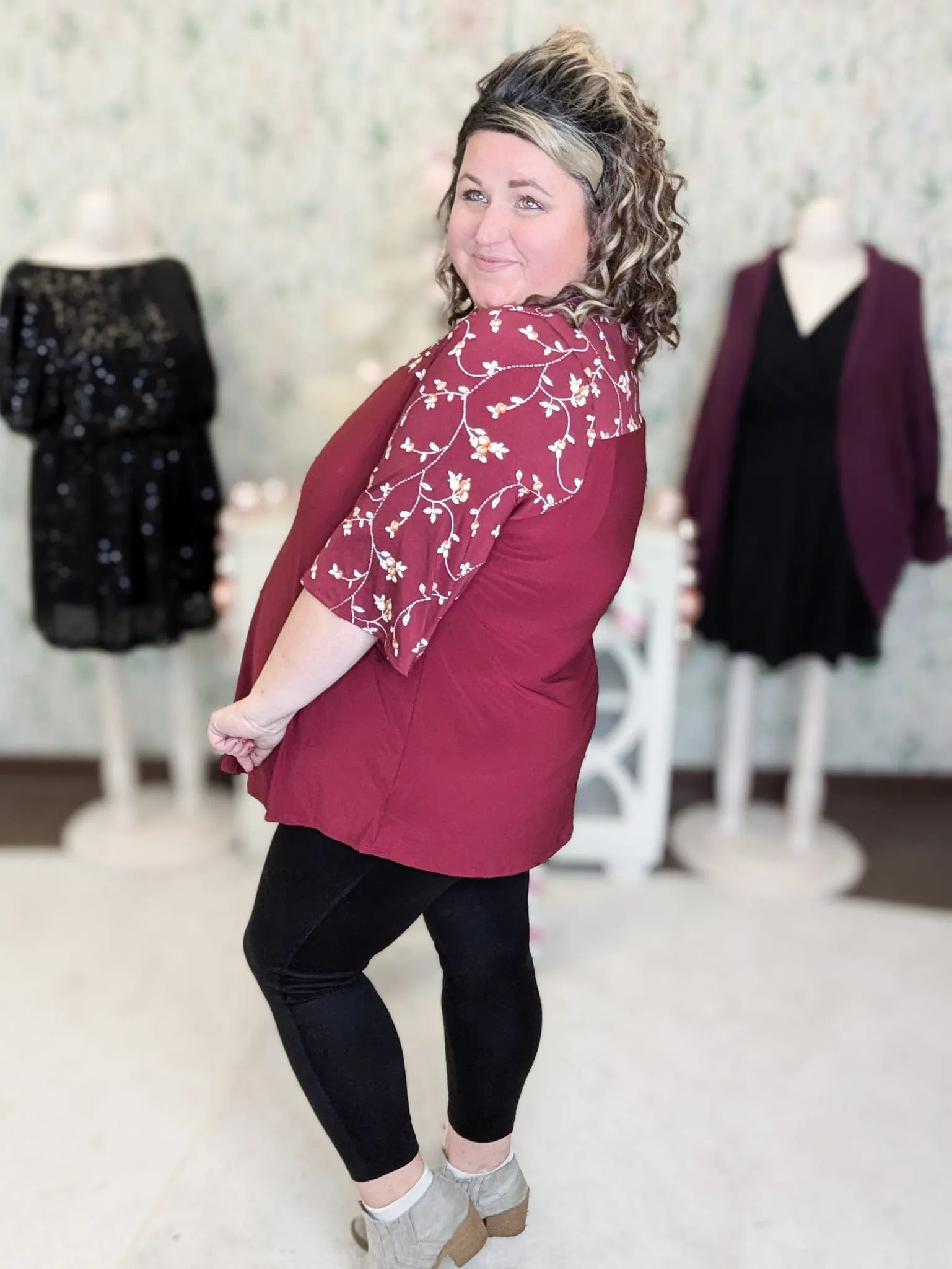 Marissa 3/4 Sleeve Tunic w/Floral Top Accent in Burgundy