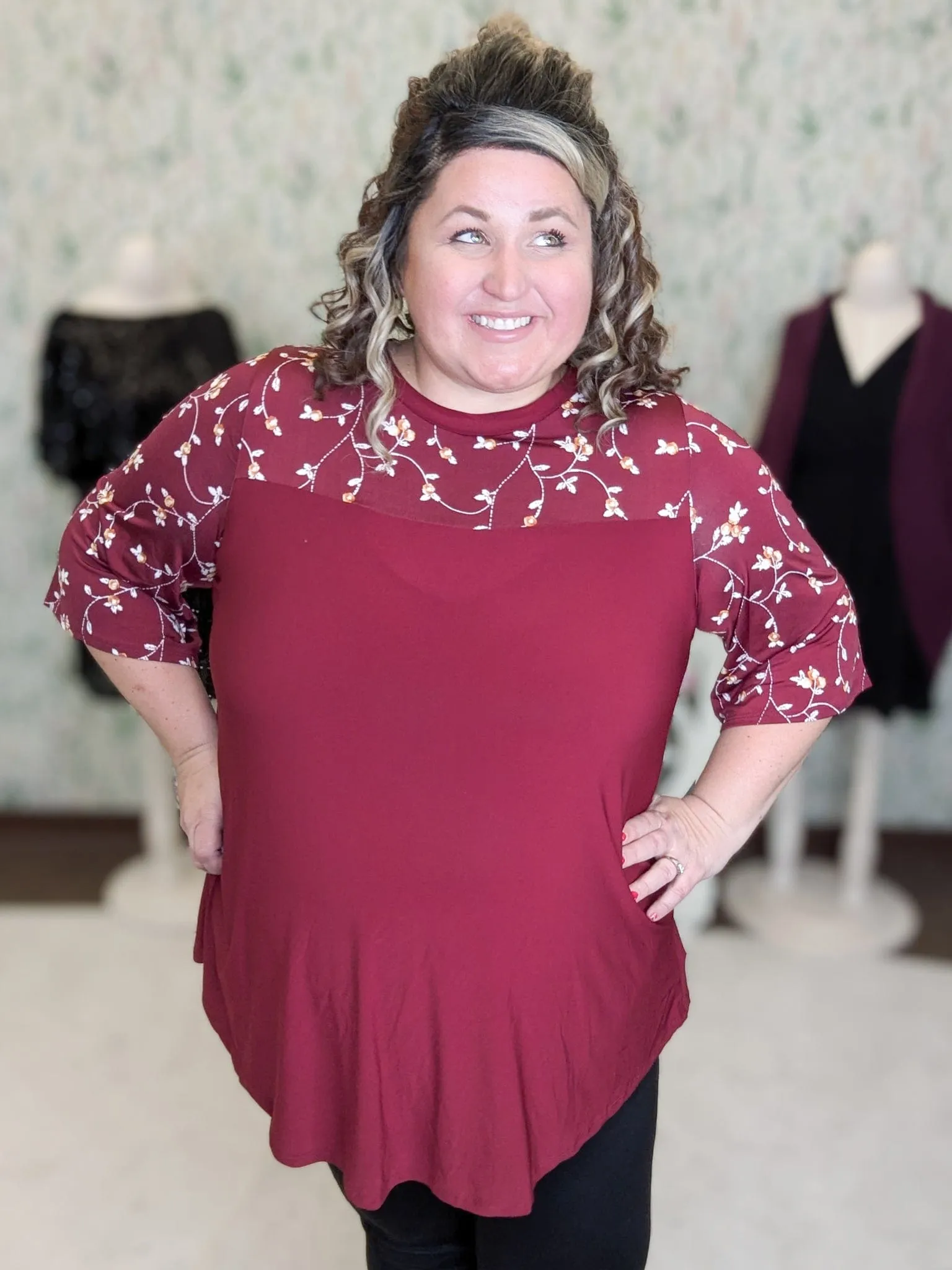 Marissa 3/4 Sleeve Tunic w/Floral Top Accent in Burgundy