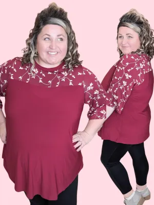 Marissa 3/4 Sleeve Tunic w/Floral Top Accent in Burgundy