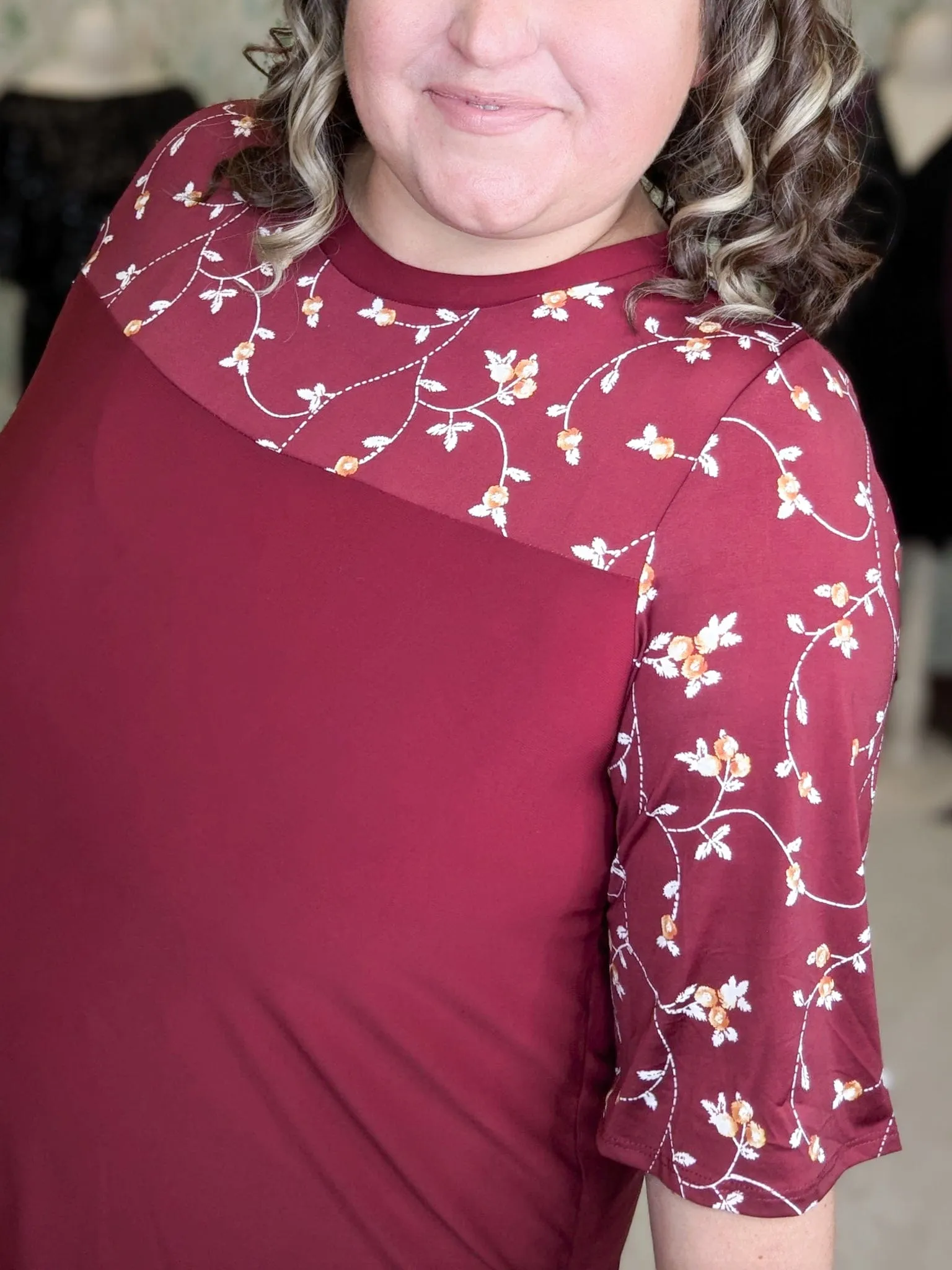 Marissa 3/4 Sleeve Tunic w/Floral Top Accent in Burgundy