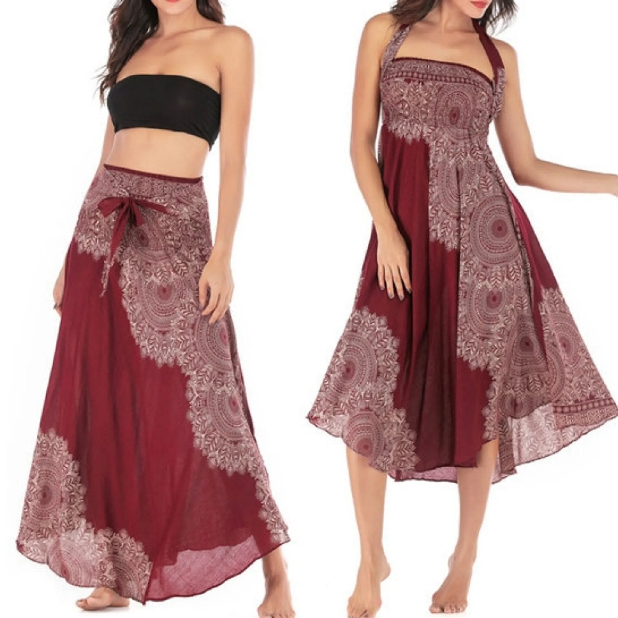 Maxi skirt hippie clothes, gypsy skirt boho festival beach long skirt, Casual Smocked Waist with Coconut Belt