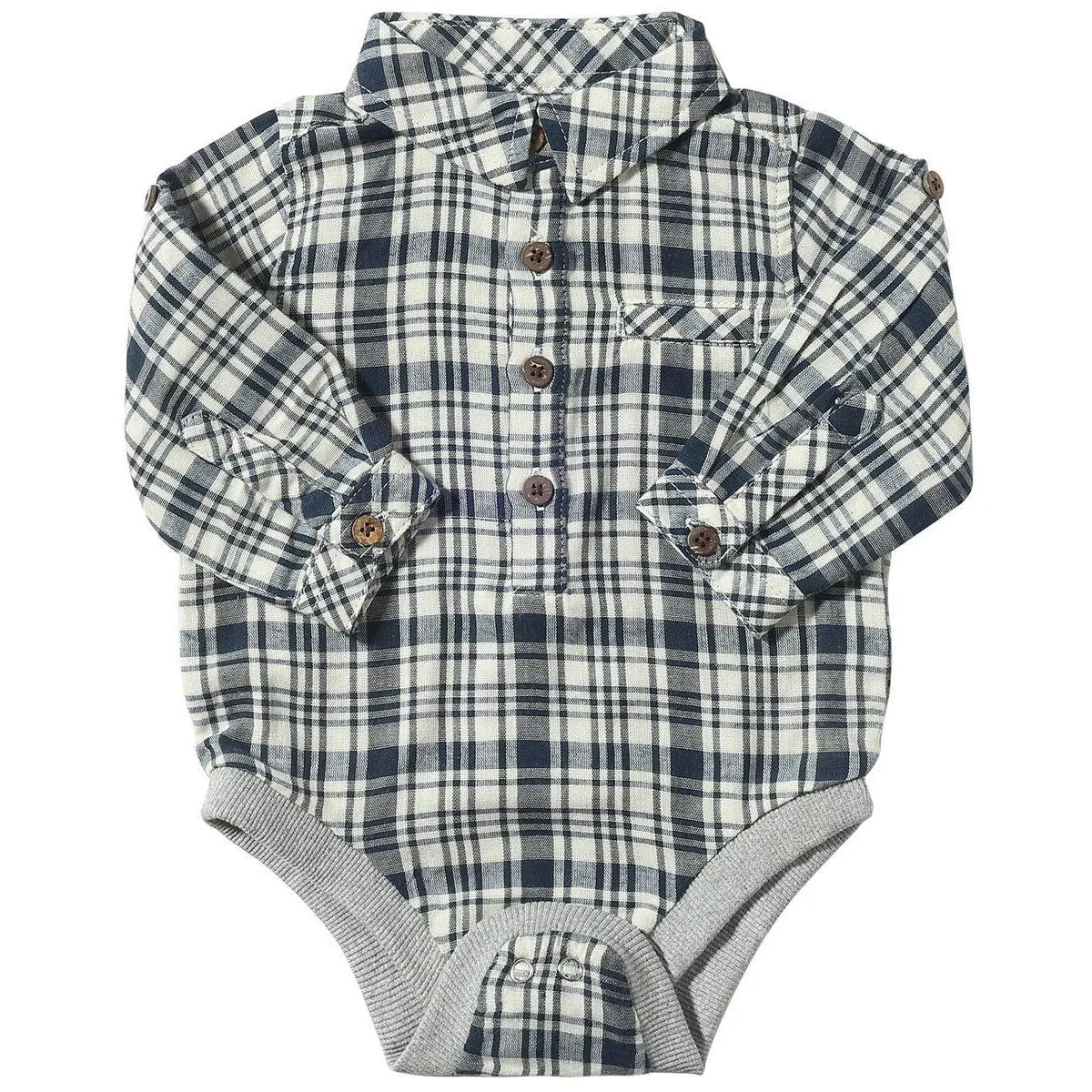 Me & Henry Navy & White Plaid Jasper Woven Onesie