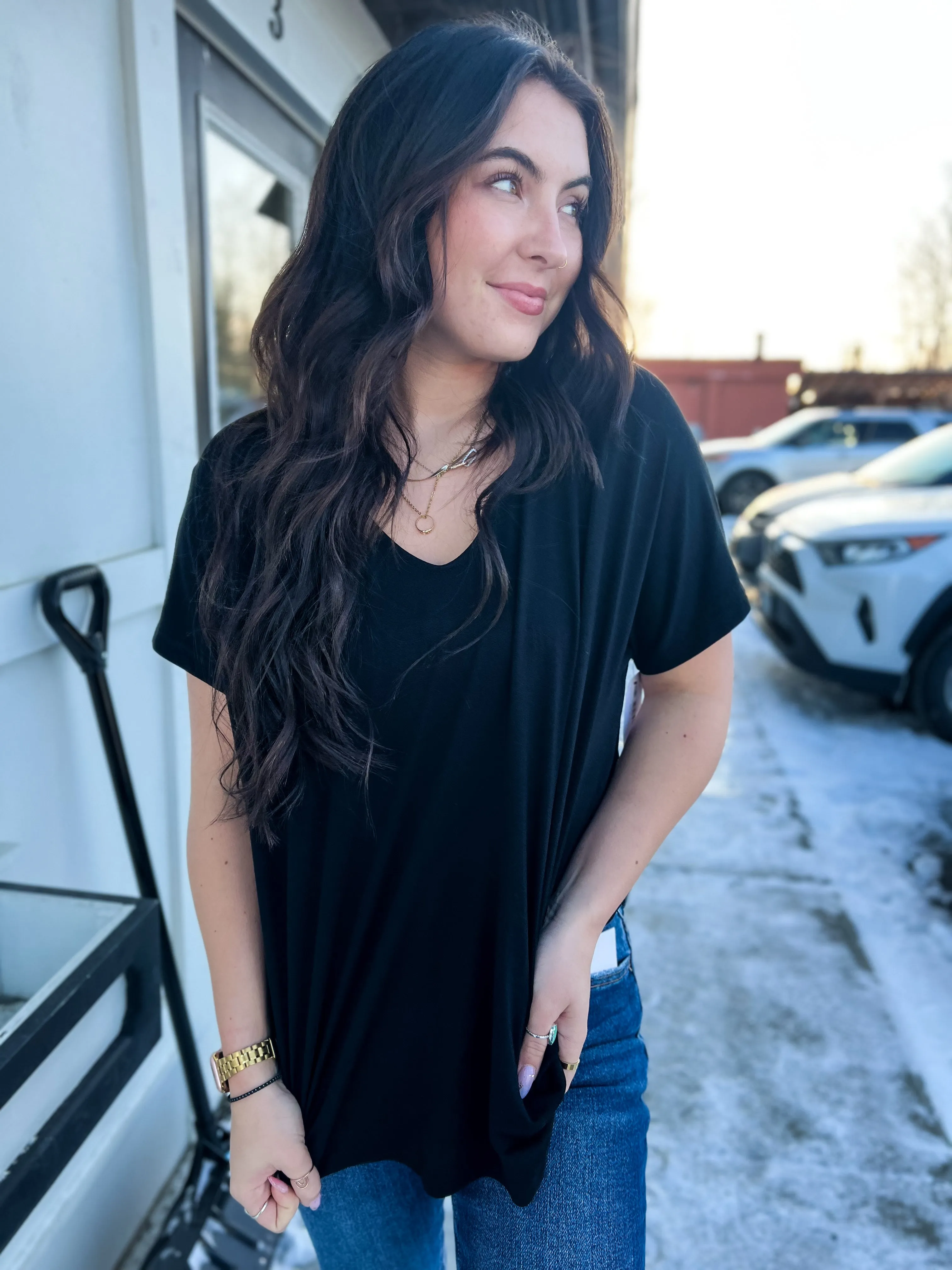 Mel V Neck Dolman Short Sleeve- BLK