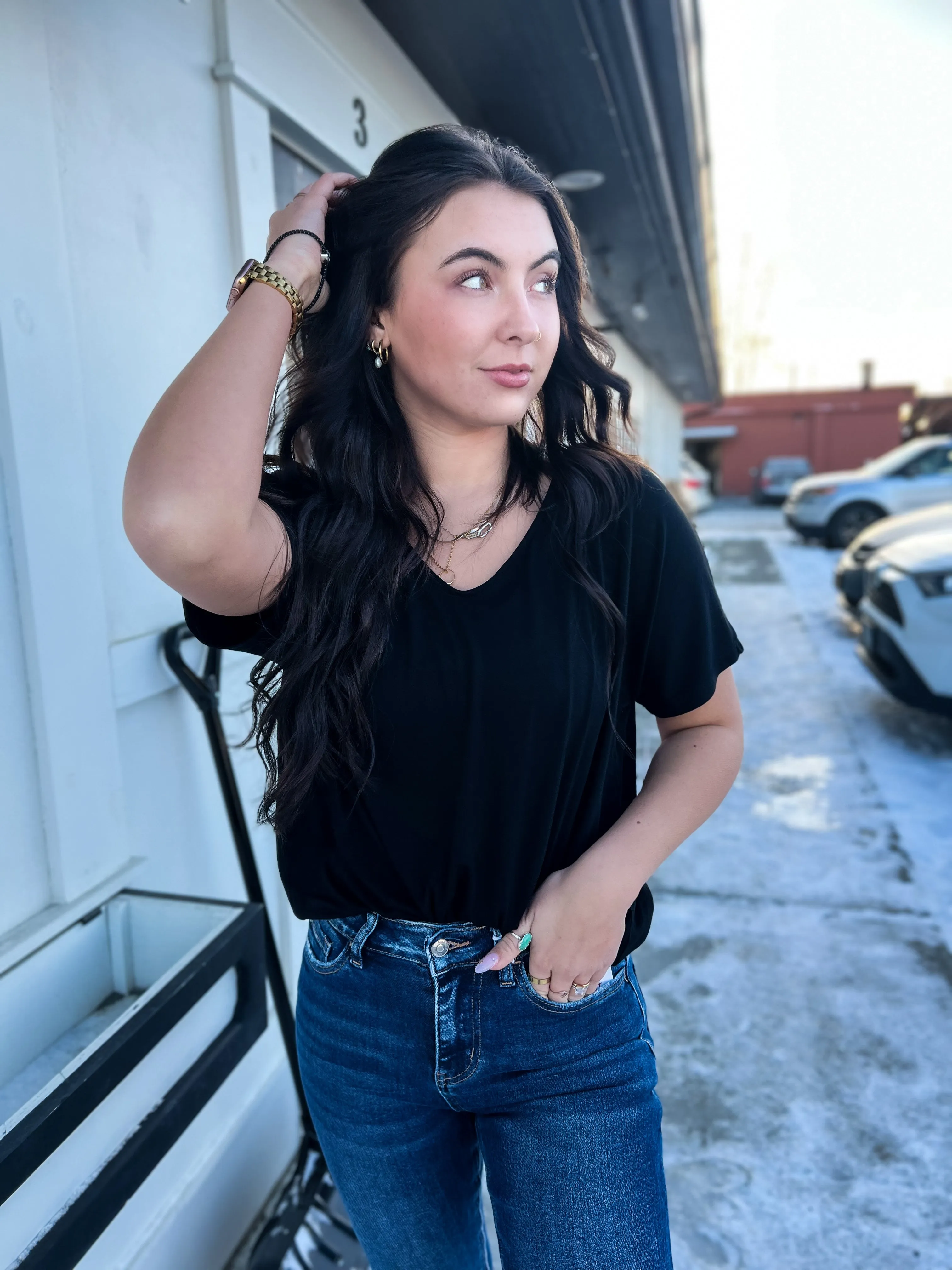 Mel V Neck Dolman Short Sleeve- BLK
