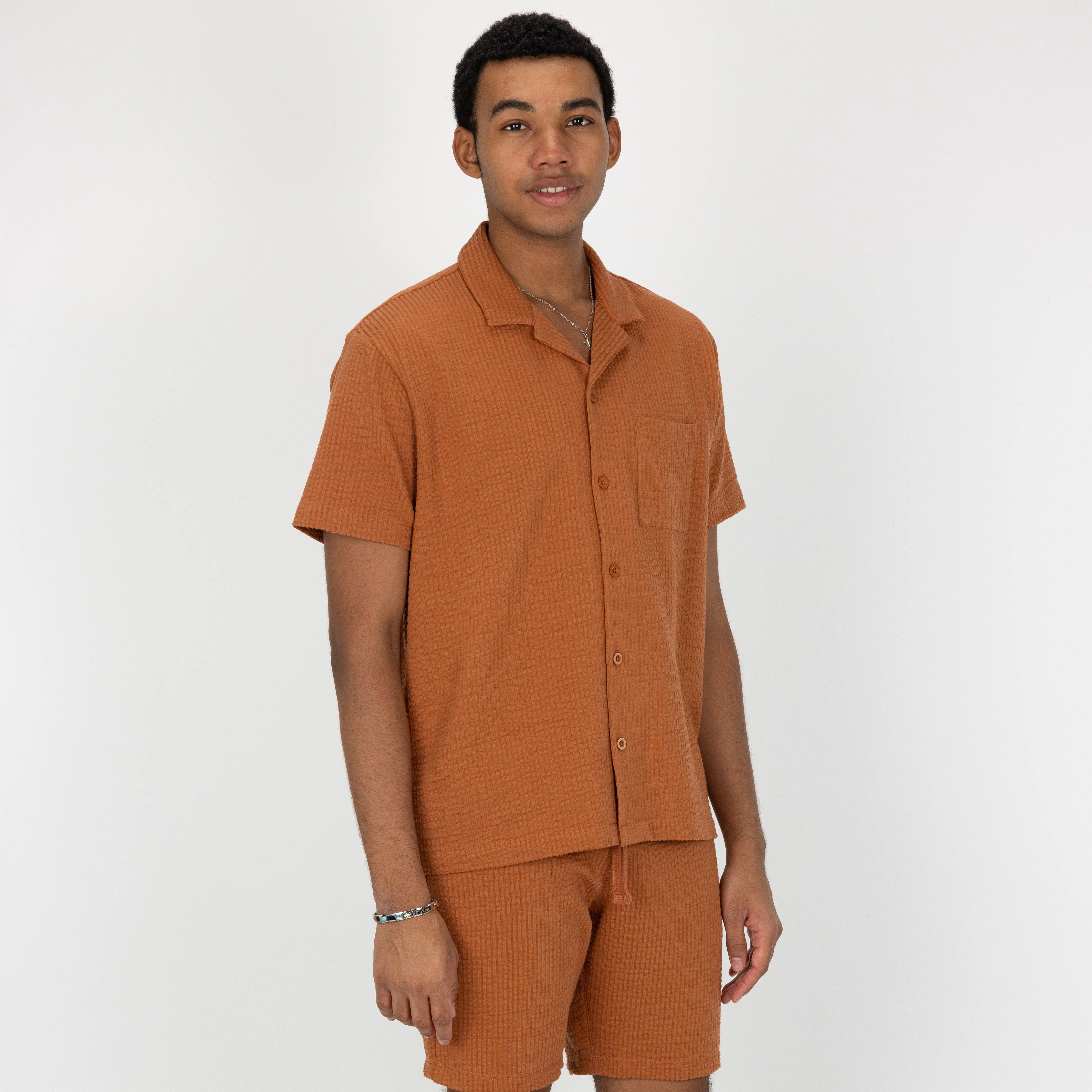 Mens Cool Knit Seersucker Camp Shirt - Amber Brown