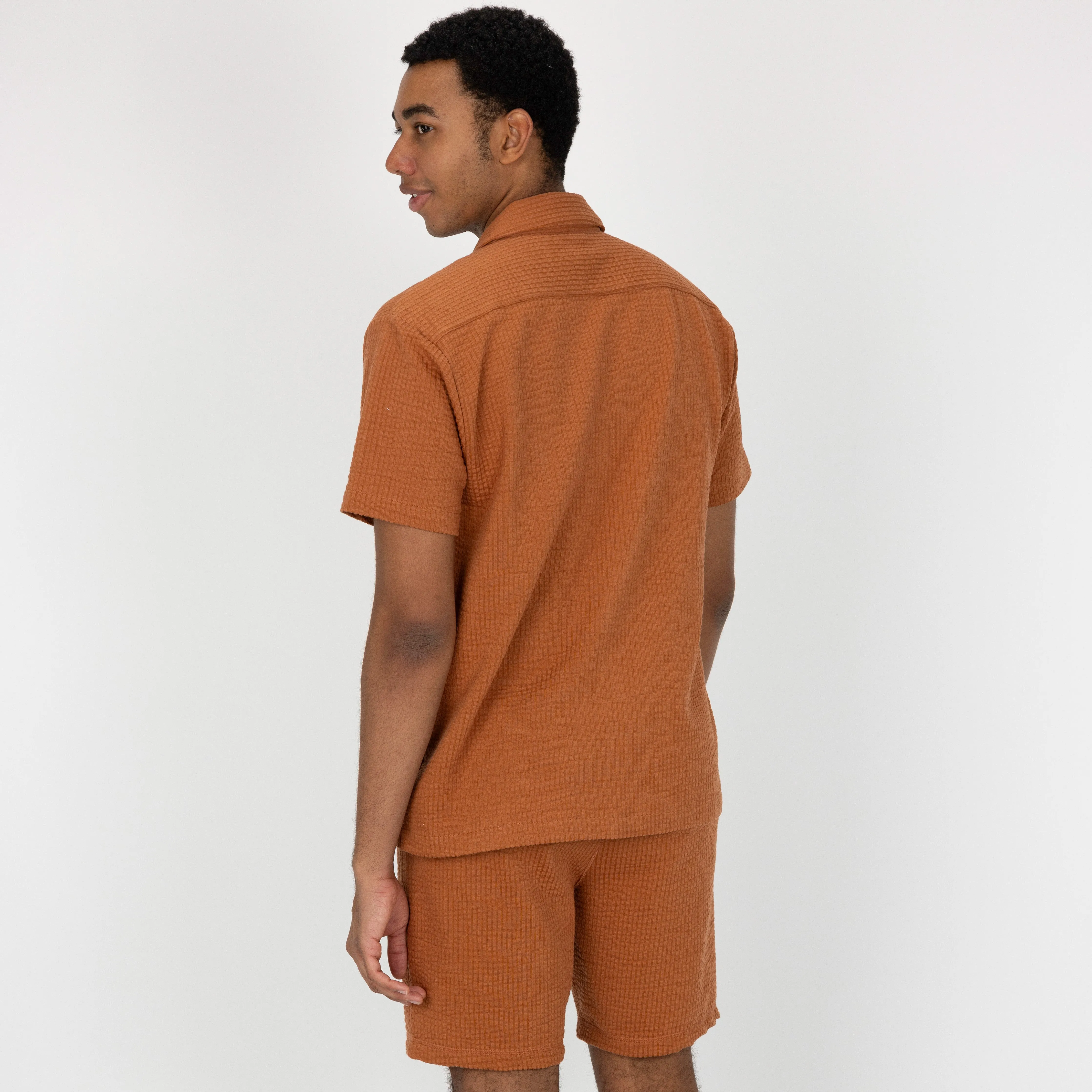 Mens Cool Knit Seersucker Camp Shirt - Amber Brown
