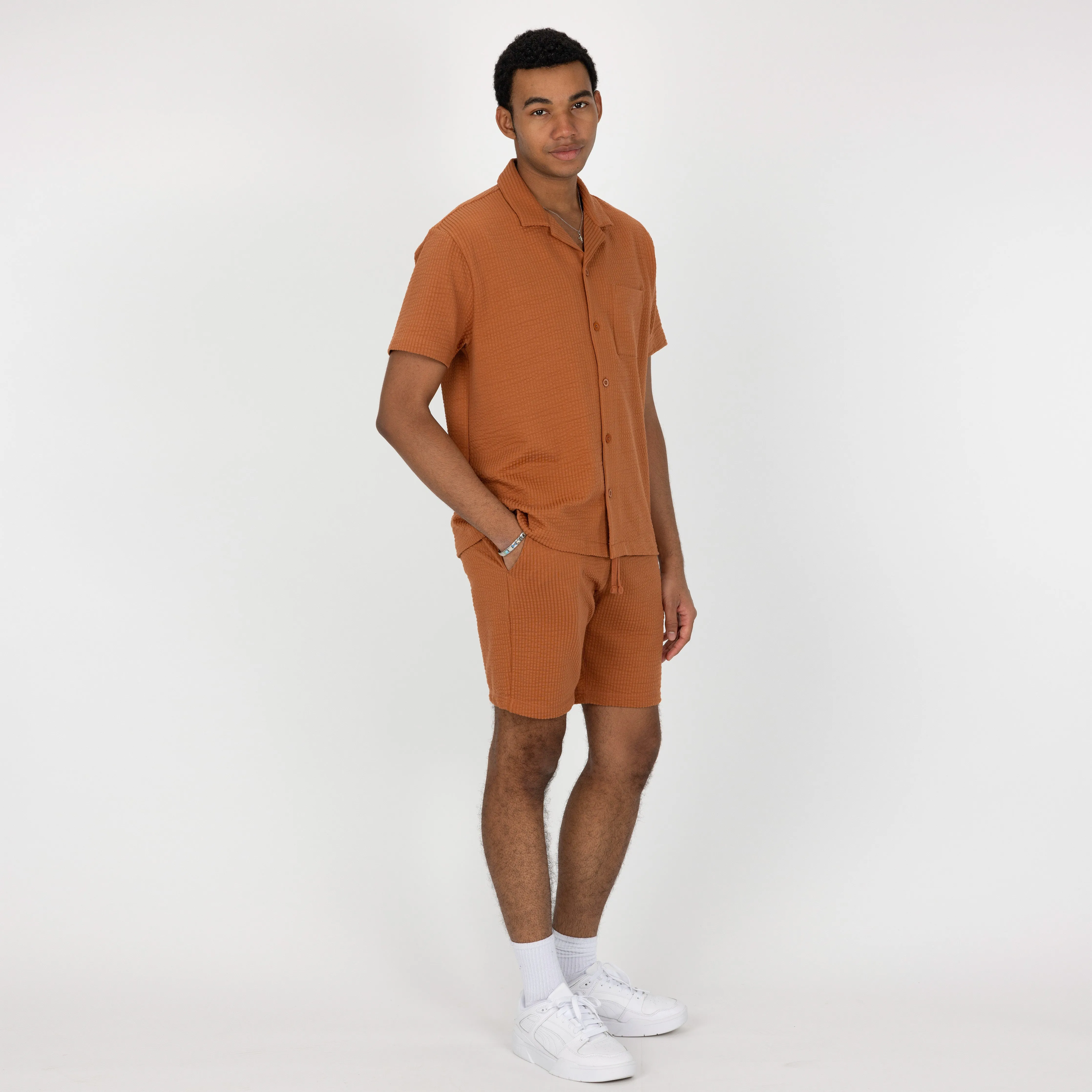 Mens Cool Knit Seersucker Camp Shirt - Amber Brown