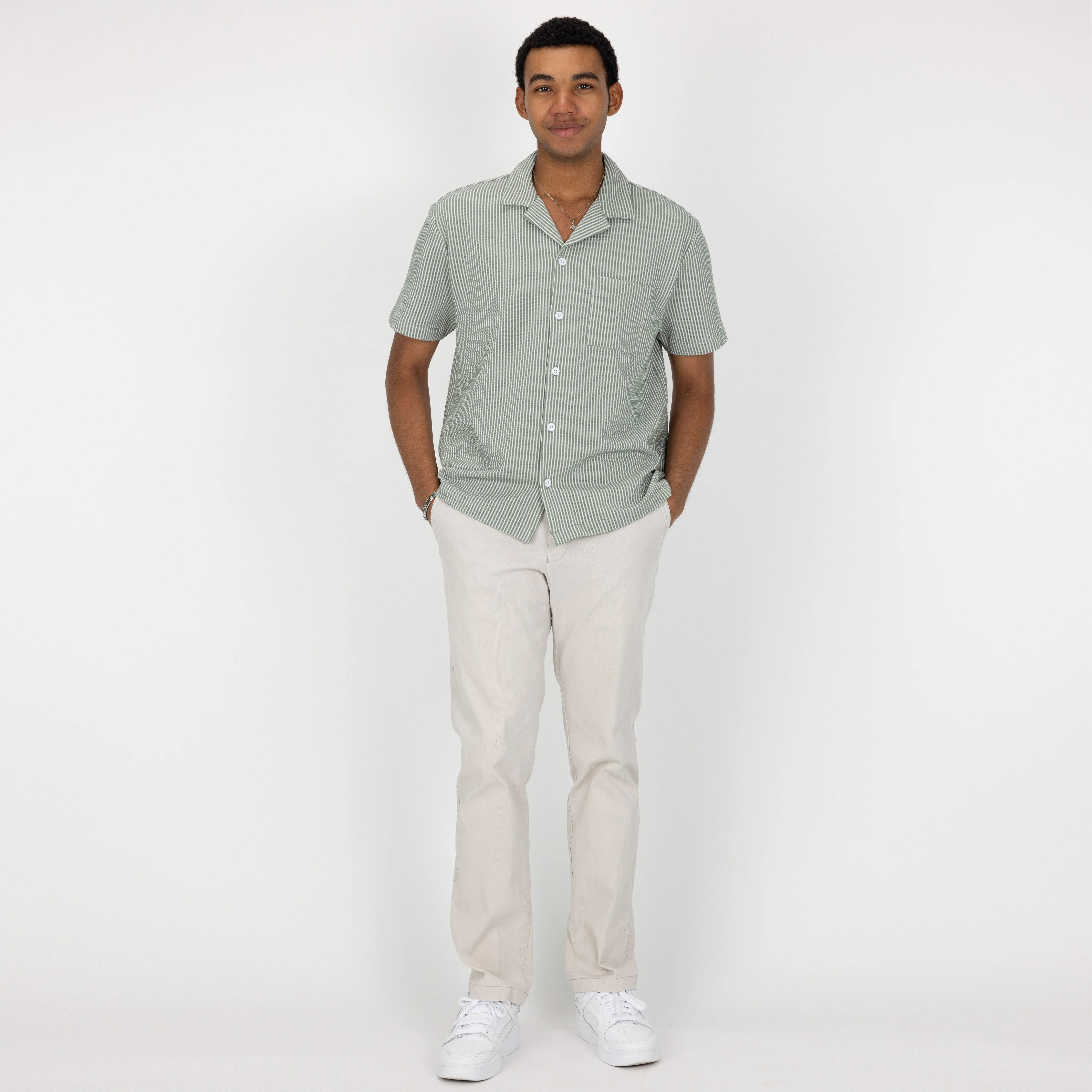 Mens Cool Knit Seersucker Camp Shirt - Dusty Green