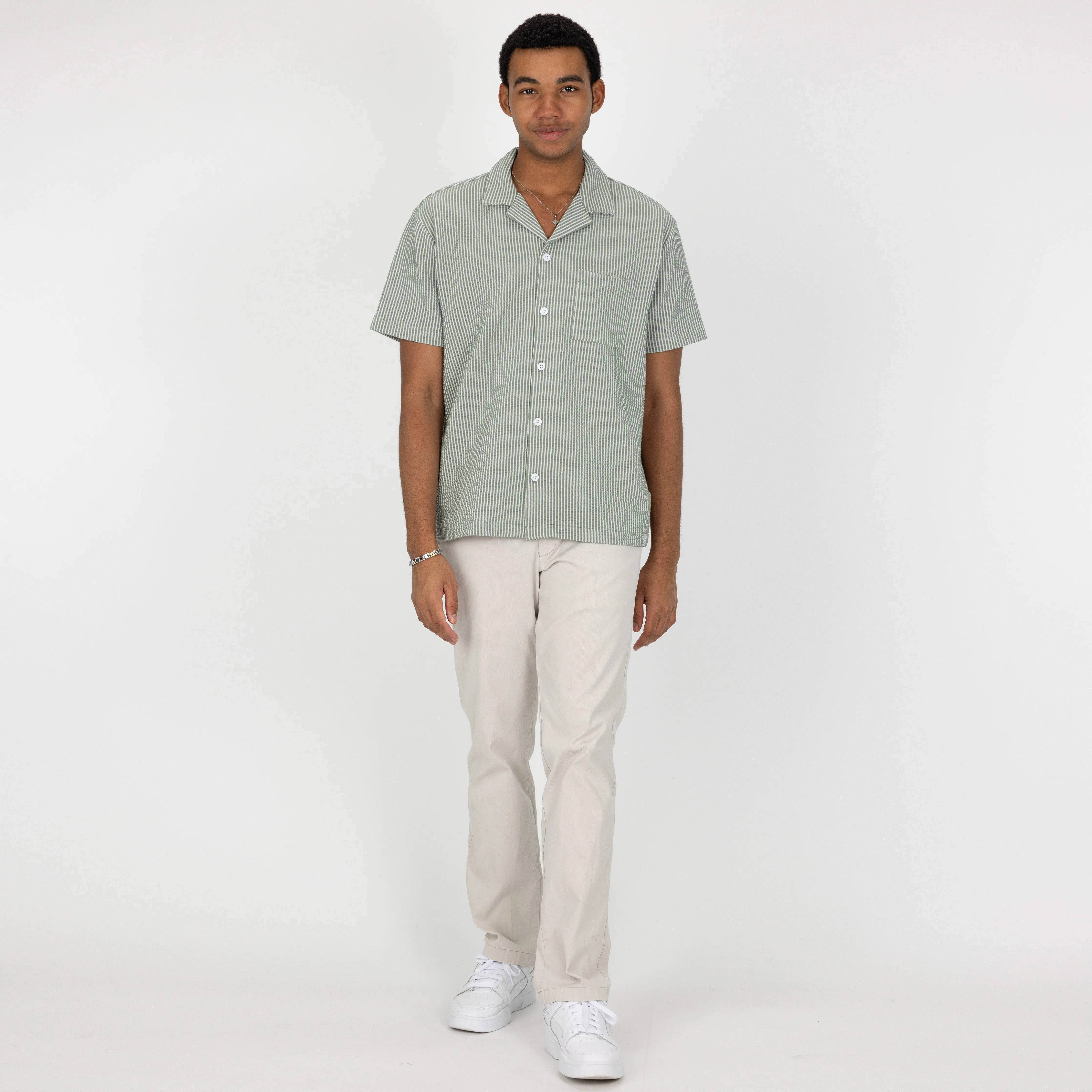 Mens Cool Knit Seersucker Camp Shirt - Dusty Green