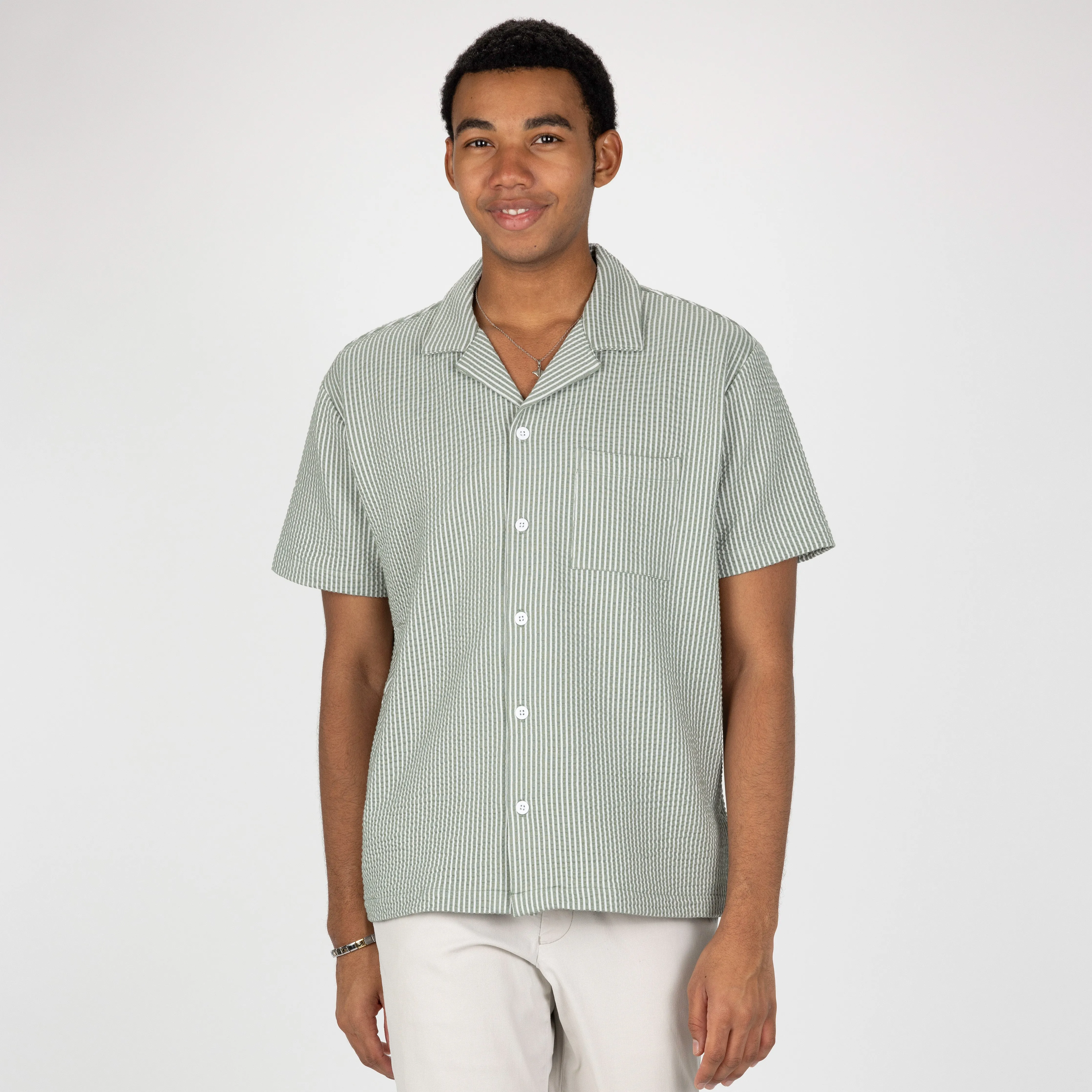 Mens Cool Knit Seersucker Camp Shirt - Dusty Green