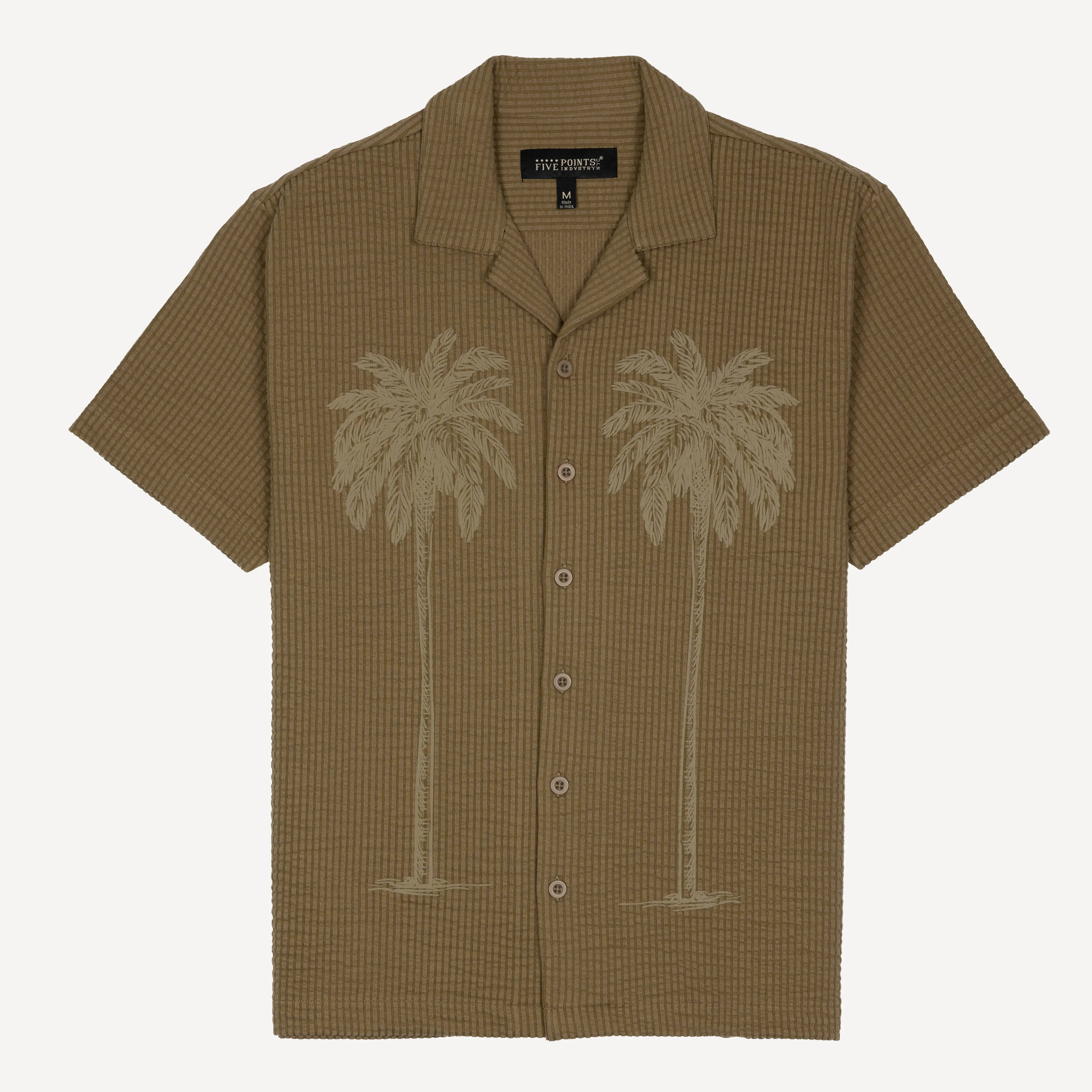 Mens Cool Knit Seersucker Puff Print Camp Shirt - Elmwood / Palm Tree