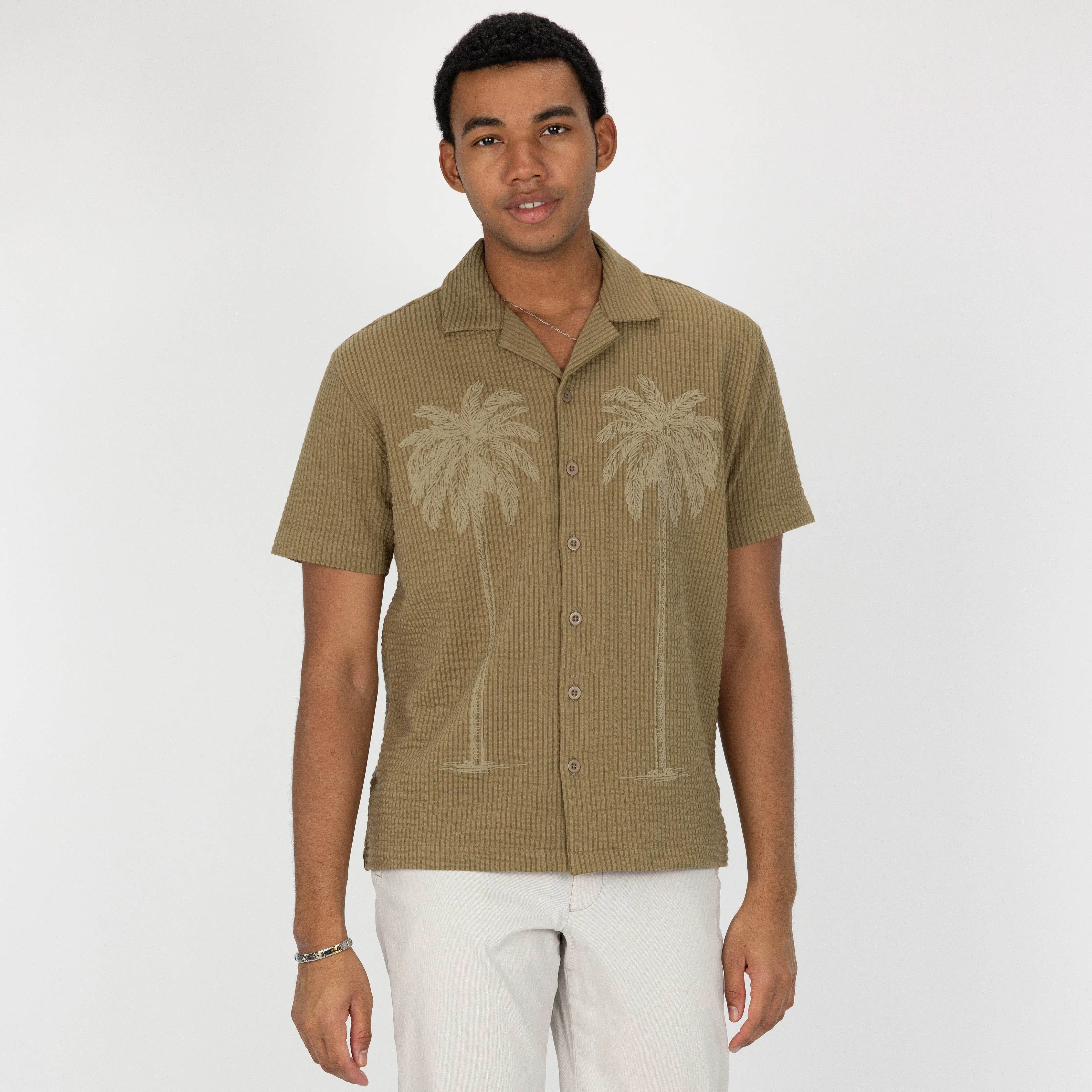 Mens Cool Knit Seersucker Puff Print Camp Shirt - Elmwood / Palm Tree
