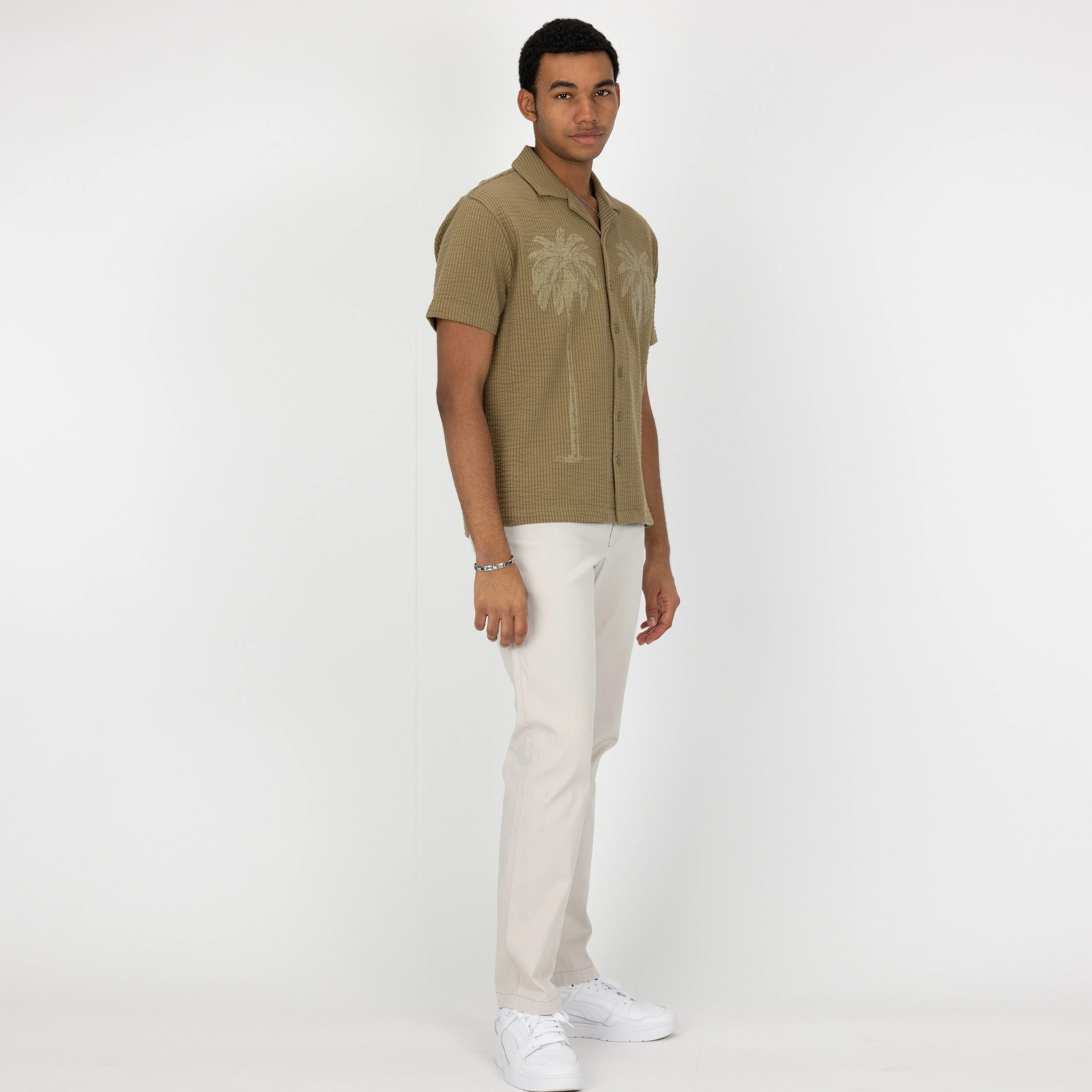 Mens Cool Knit Seersucker Puff Print Camp Shirt - Elmwood / Palm Tree