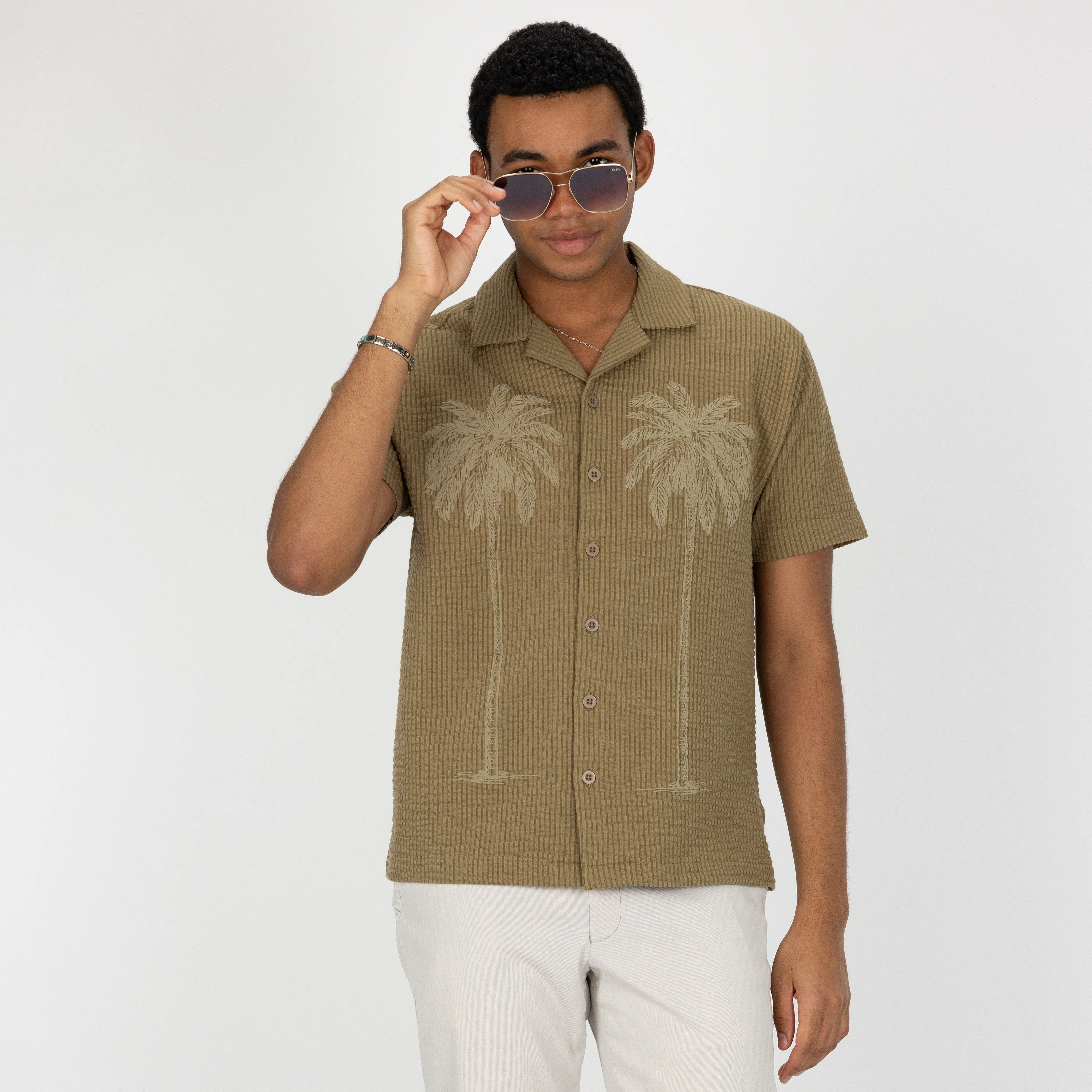 Mens Cool Knit Seersucker Puff Print Camp Shirt - Elmwood / Palm Tree