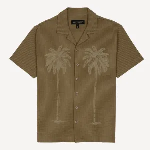 Mens Cool Knit Seersucker Puff Print Camp Shirt - Elmwood / Palm Tree