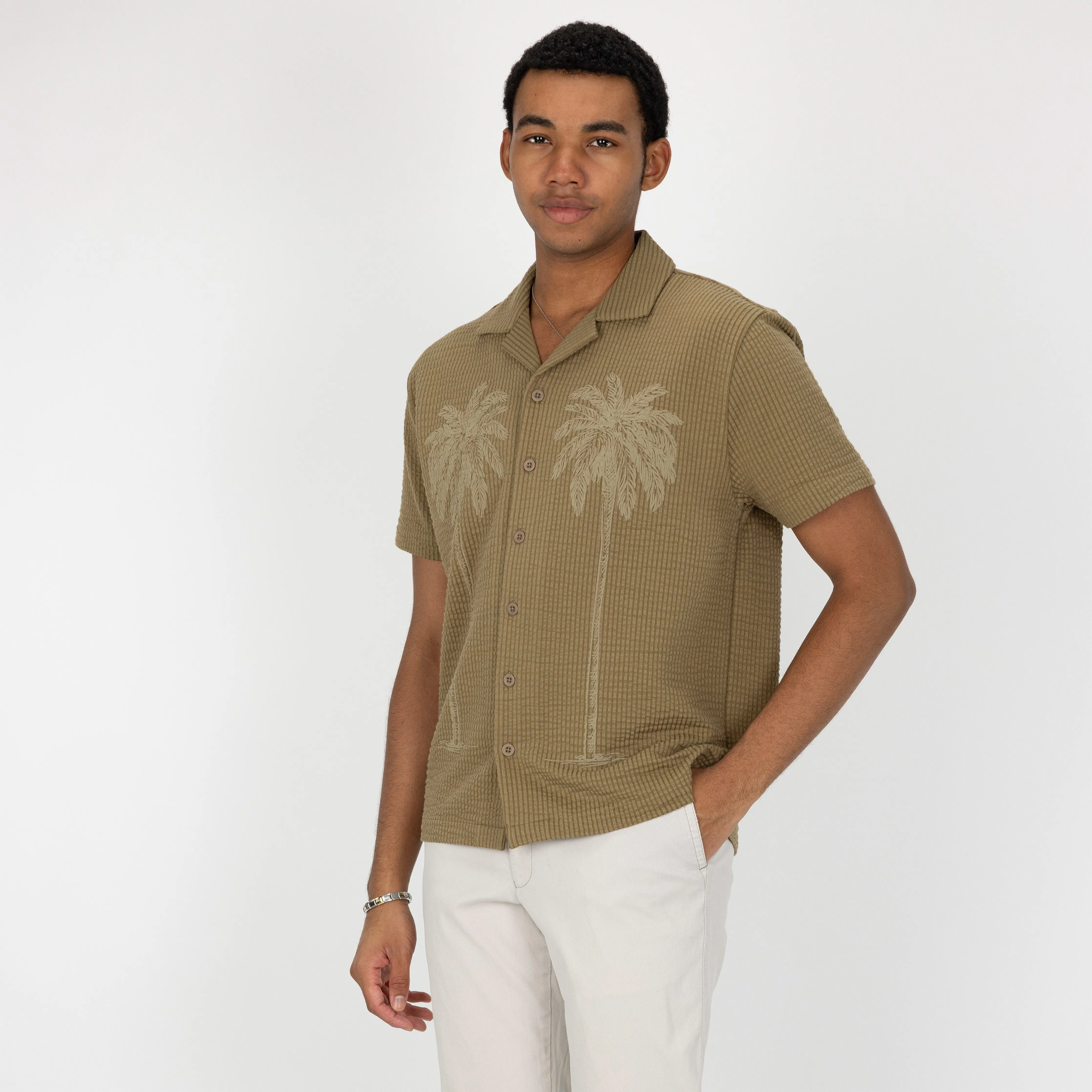 Mens Cool Knit Seersucker Puff Print Camp Shirt - Elmwood / Palm Tree
