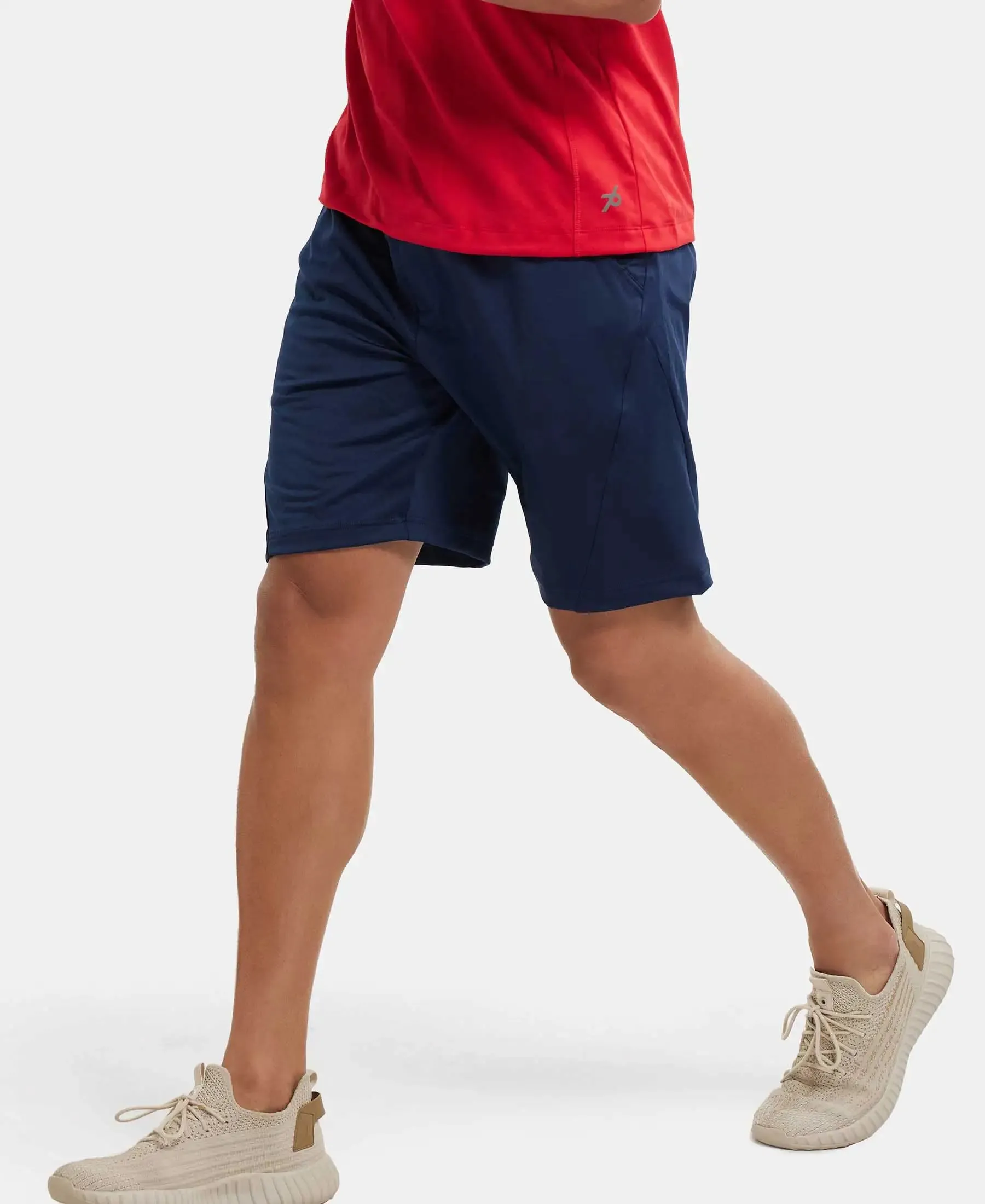 Microfiber Elastane Stretch Solid Shorts with Zipper Media Pocket and StayFresh Treatment - Navy