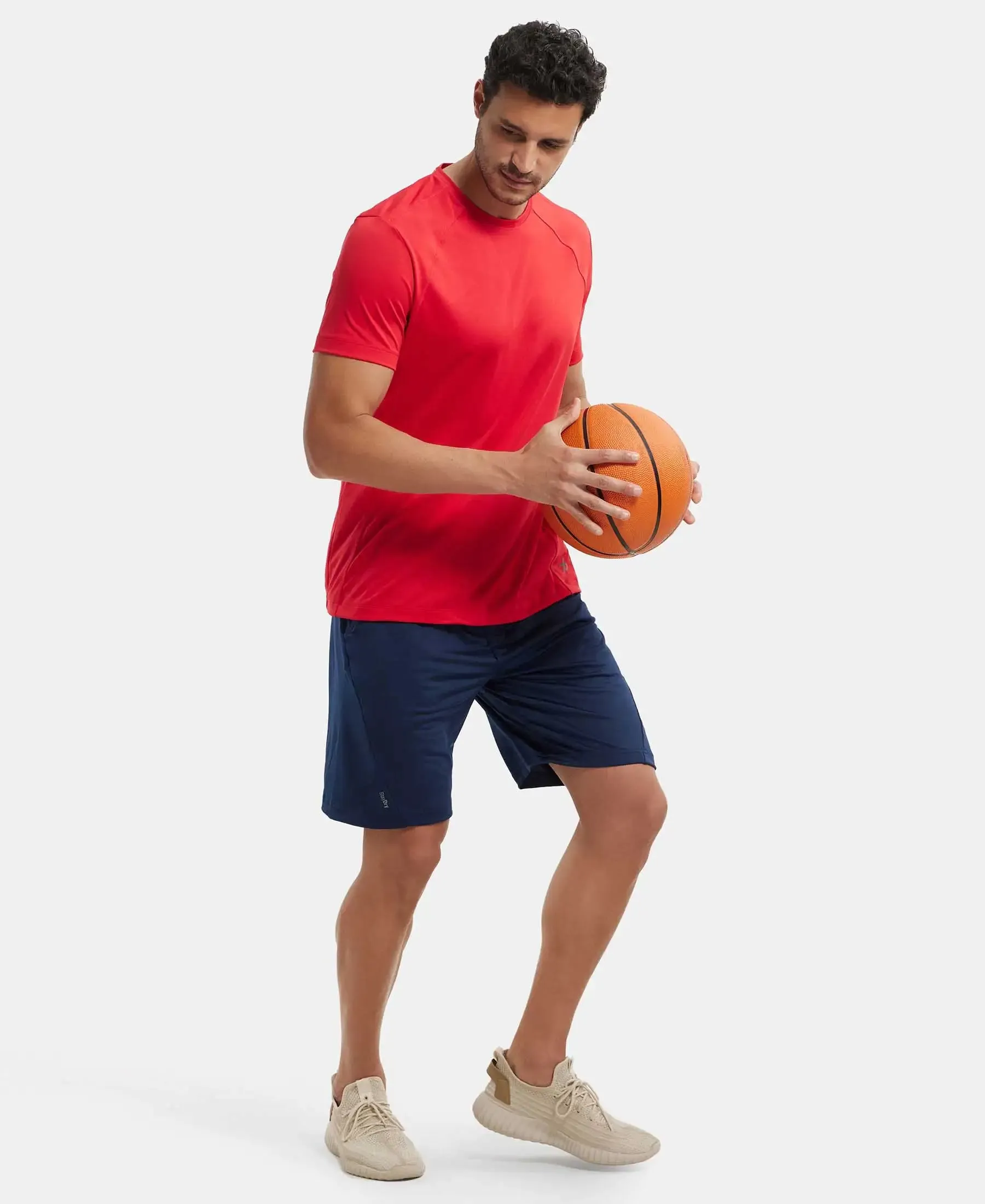 Microfiber Elastane Stretch Solid Shorts with Zipper Media Pocket and StayFresh Treatment - Navy