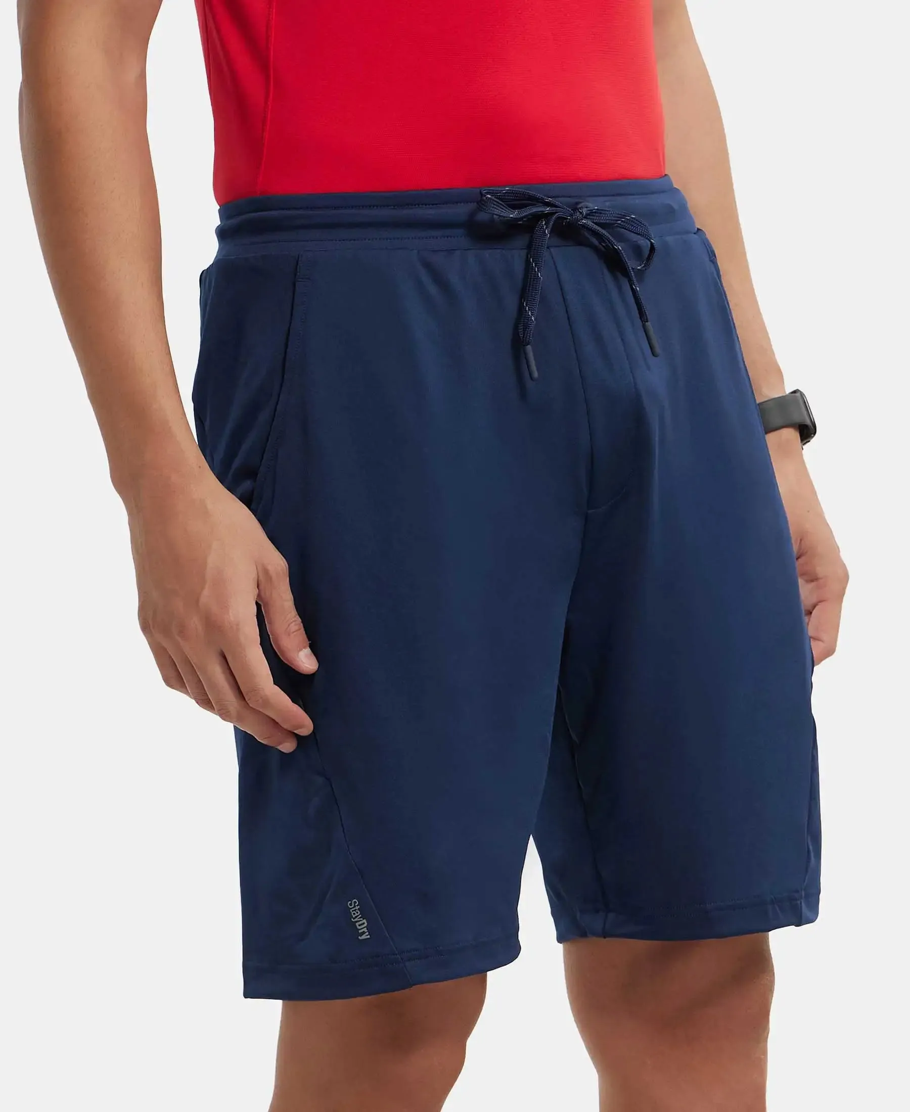 Microfiber Elastane Stretch Solid Shorts with Zipper Media Pocket and StayFresh Treatment - Navy