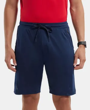 Microfiber Elastane Stretch Solid Shorts with Zipper Media Pocket and StayFresh Treatment - Navy