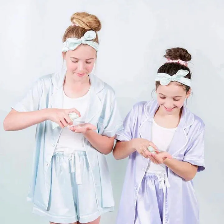 Midnight Mischief - Baby & Kids Luxe Satin Personalised Short Sleeve Pyjama Set | Blue & White